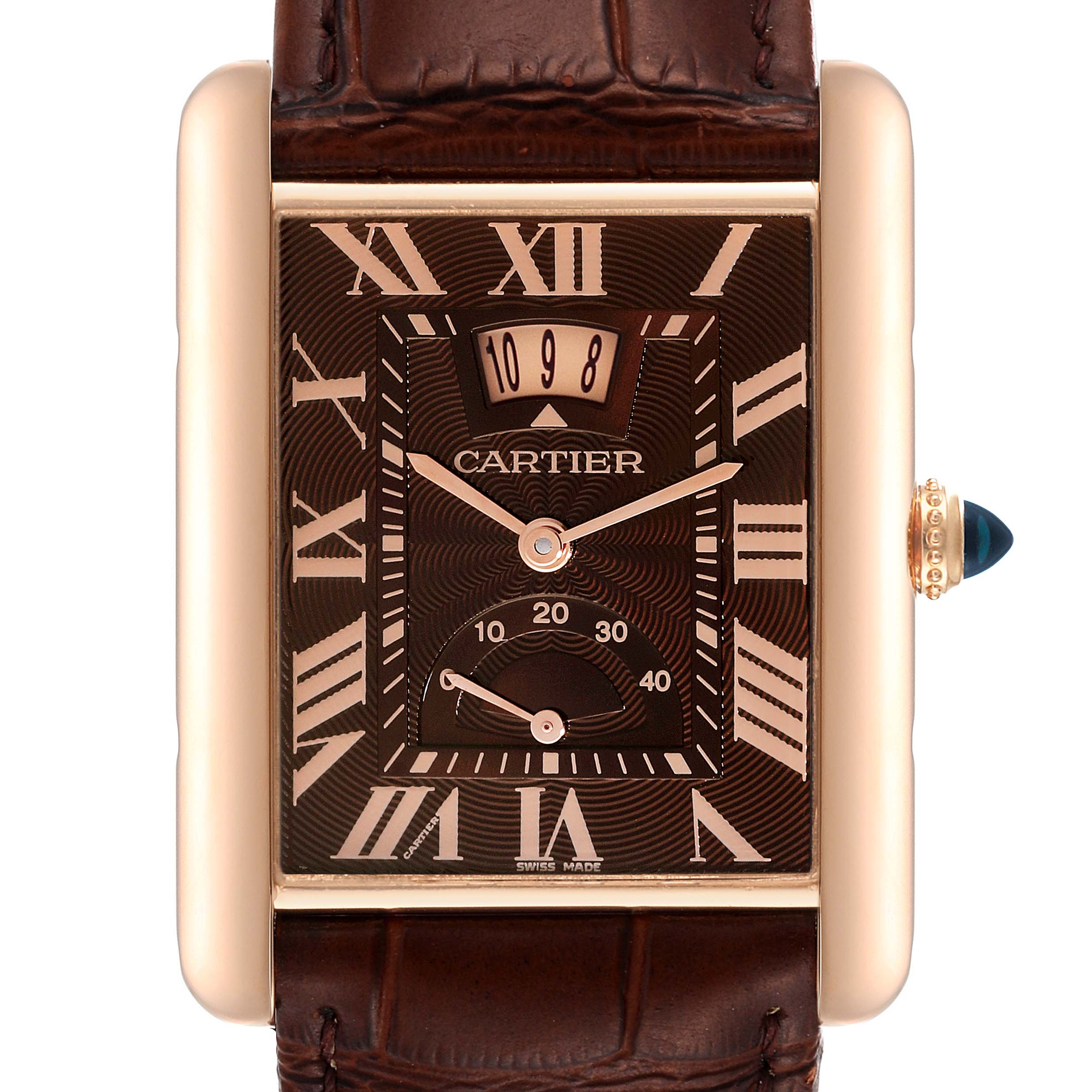 The Tank Louis model by Cartier is shown from a straight-on angle, highlighting the face, bezel, and part of the strap.