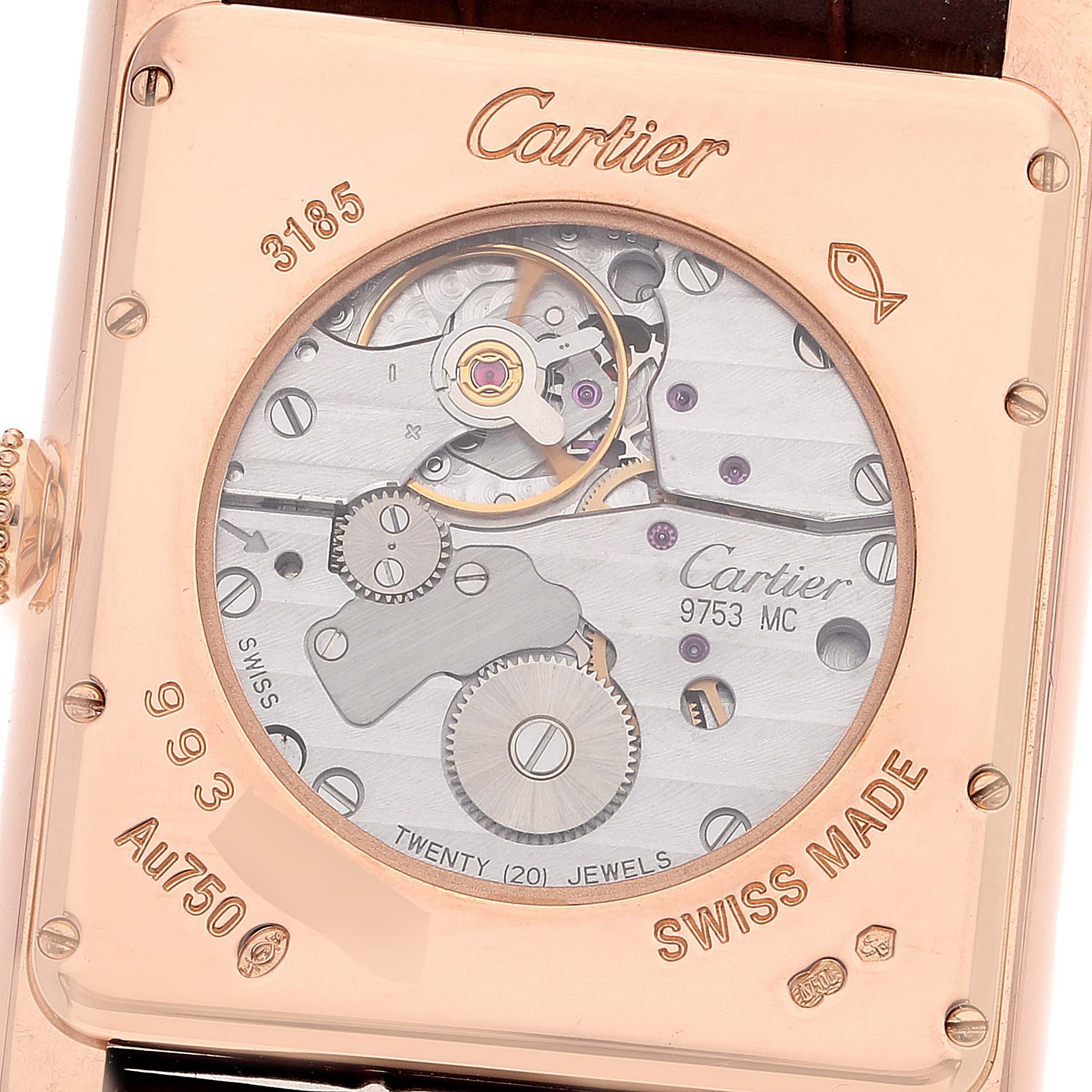 This image shows the back of the Cartier Tank Louis W1560002 Men's Rose Gold Brown Dial W1560002 Men's Rose Gold Brown Dial watch, revealing its intricate mechanical movement and engravings.
