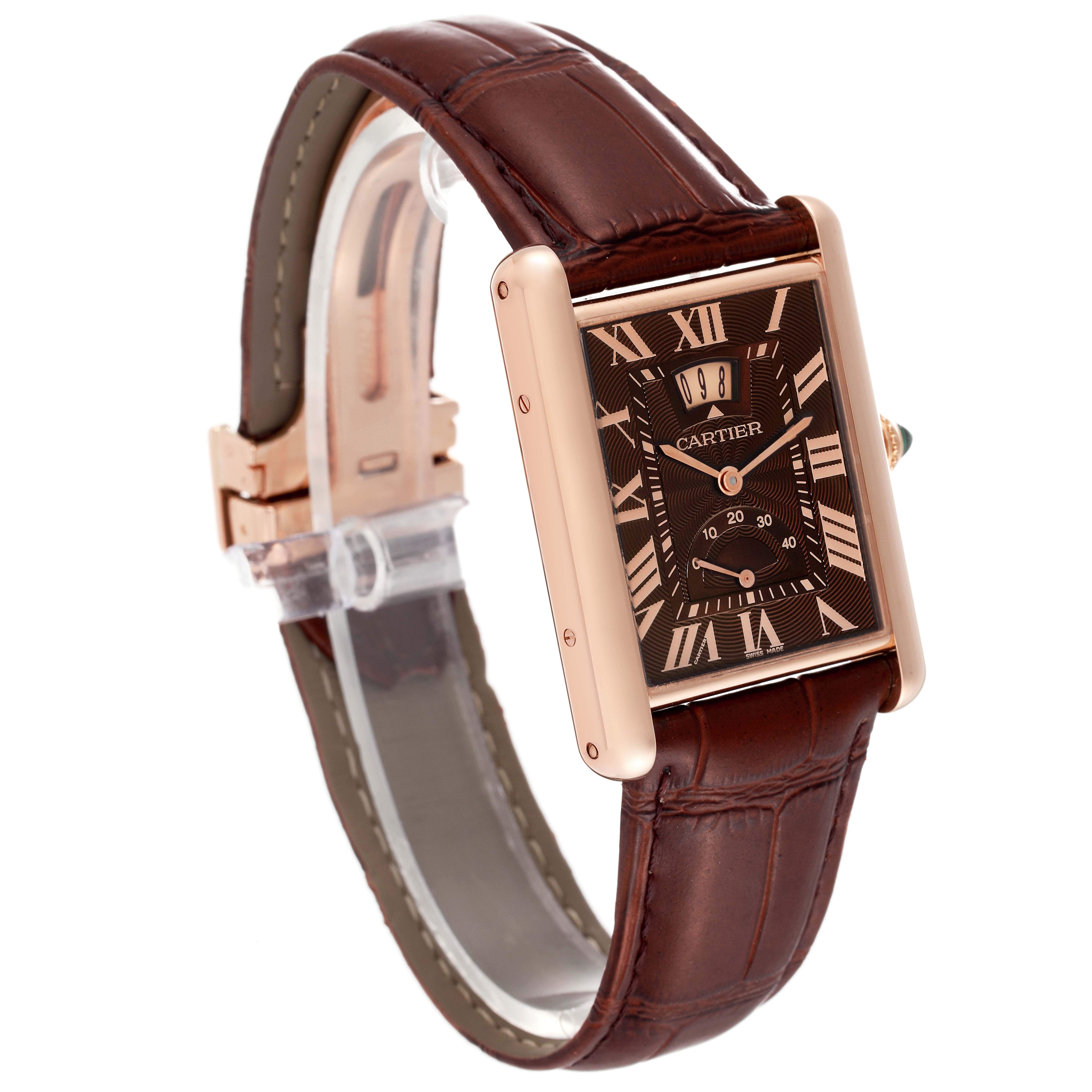 The image shows a Cartier Tank Louis W1560002 Men's Rose Gold Brown Dial W1560002 Men's Rose Gold Brown Dial watch at a three-quarter angle, highlighting the face, strap, and buckle.