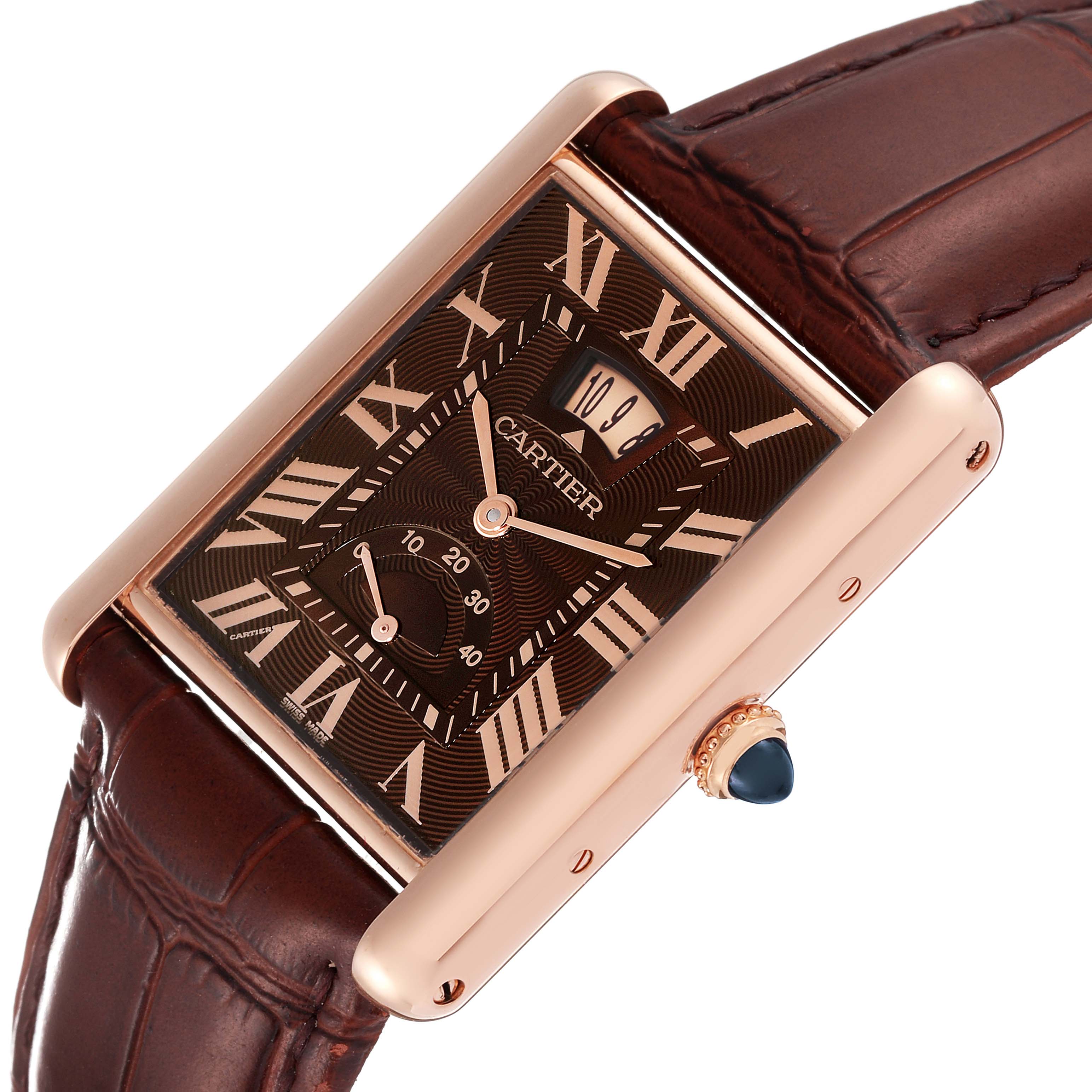 The image shows the Cartier Tank Louis W1560002 Men's Rose Gold Brown Dial W1560002 Men's Rose Gold Brown Dial model watch at a slight angle, highlighting its rectangular face, crown, and brown leather strap.