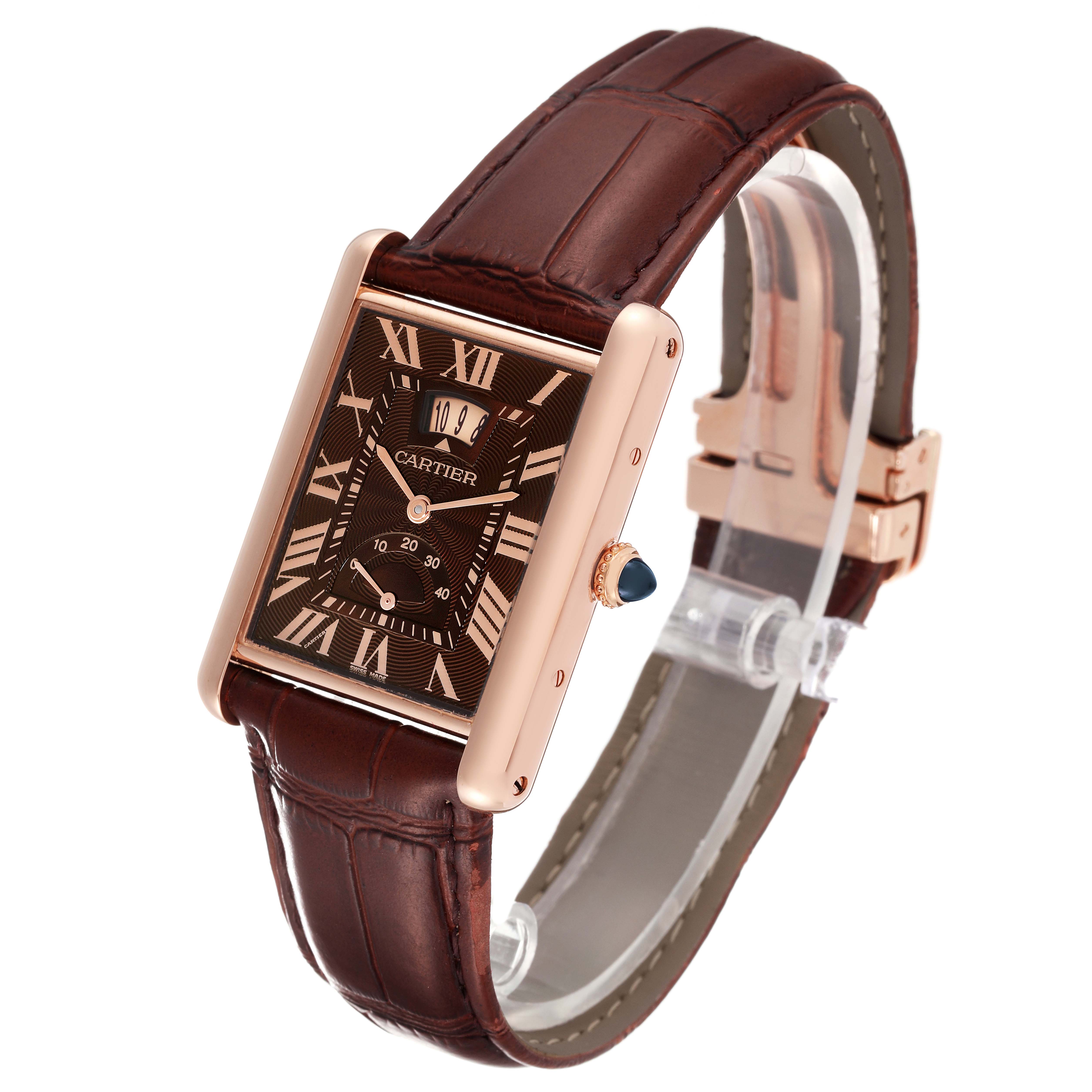 This image shows a Cartier Tank Louis W1560002 Men's Rose Gold Brown Dial W1560002 Men's Rose Gold Brown Dial watch at a three-quarter angle, highlighting the dial, case, strap, and crown.