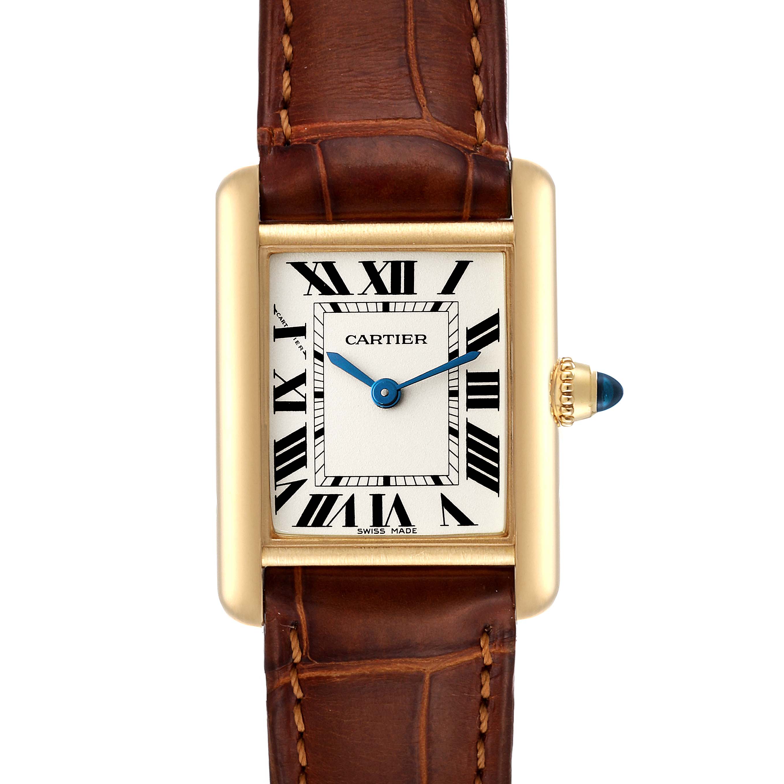 The image shows a front view of the Cartier Tank Louis W1529856 Women's Yellow Gold Silver Dial W1529856 Women's Yellow Gold Silver Dial watch, highlighting the face, case, crown, and part of the leather strap.