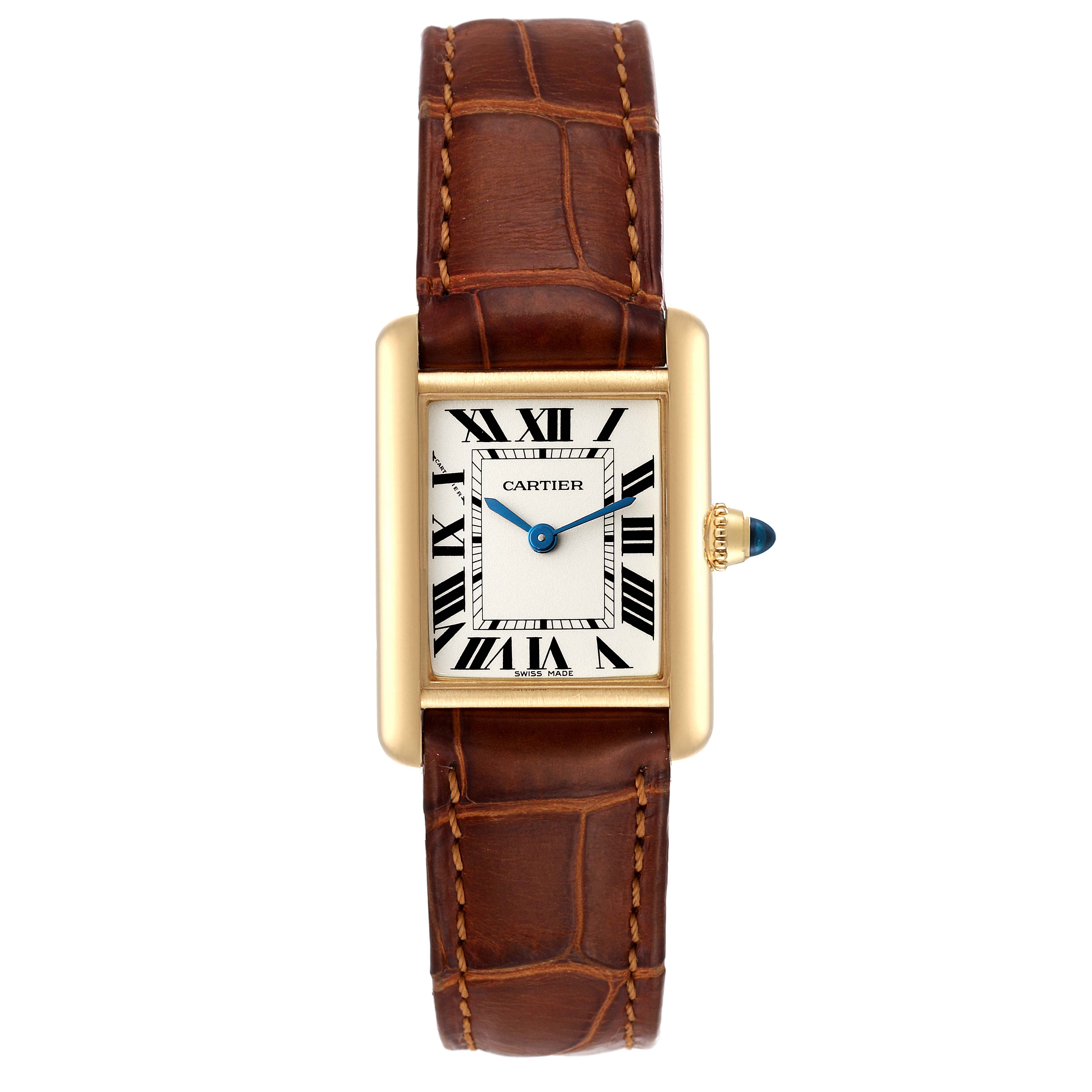 The image shows a frontal view of the Cartier Tank Louis W1529856 Women's Yellow Gold Silver Dial W1529856 Women's Yellow Gold Silver Dial watch, including its brown leather strap, gold rectangular case, and blue hands.