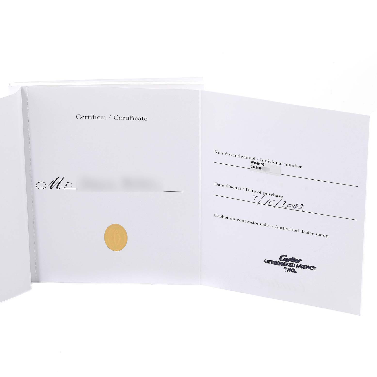 The image shows an open booklet, displaying the certificate and details including individual number and date of purchase for a Cartier Tank Louis W1529856 Women's Yellow Gold Silver Dial W1529856 Women's Yellow Gold Silver Dial watch.
