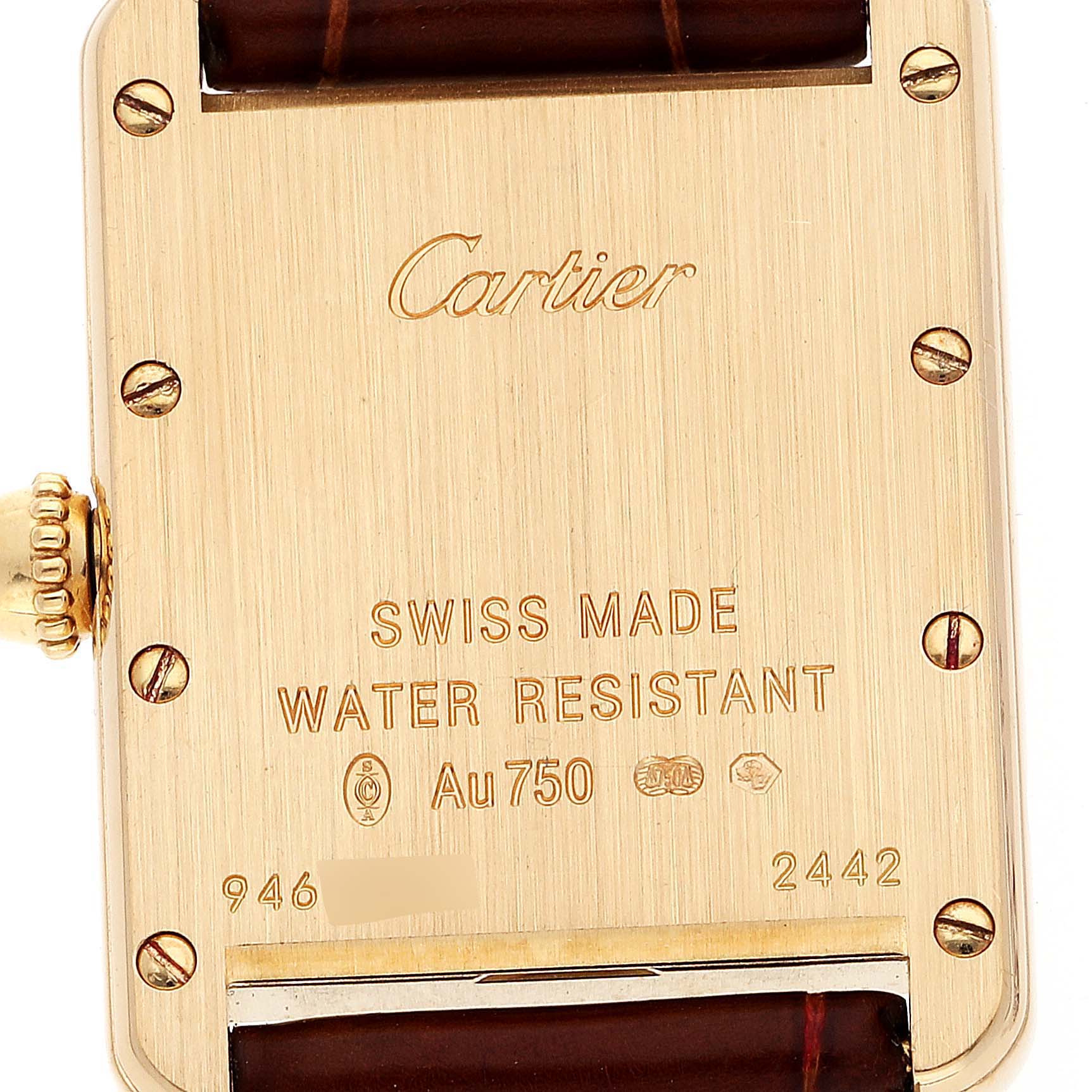 This image shows the back case of the Cartier Tank Louis W1529856 Women's Yellow Gold Silver Dial W1529856 Women's Yellow Gold Silver Dial watch, highlighting the brand, model, and specifications.