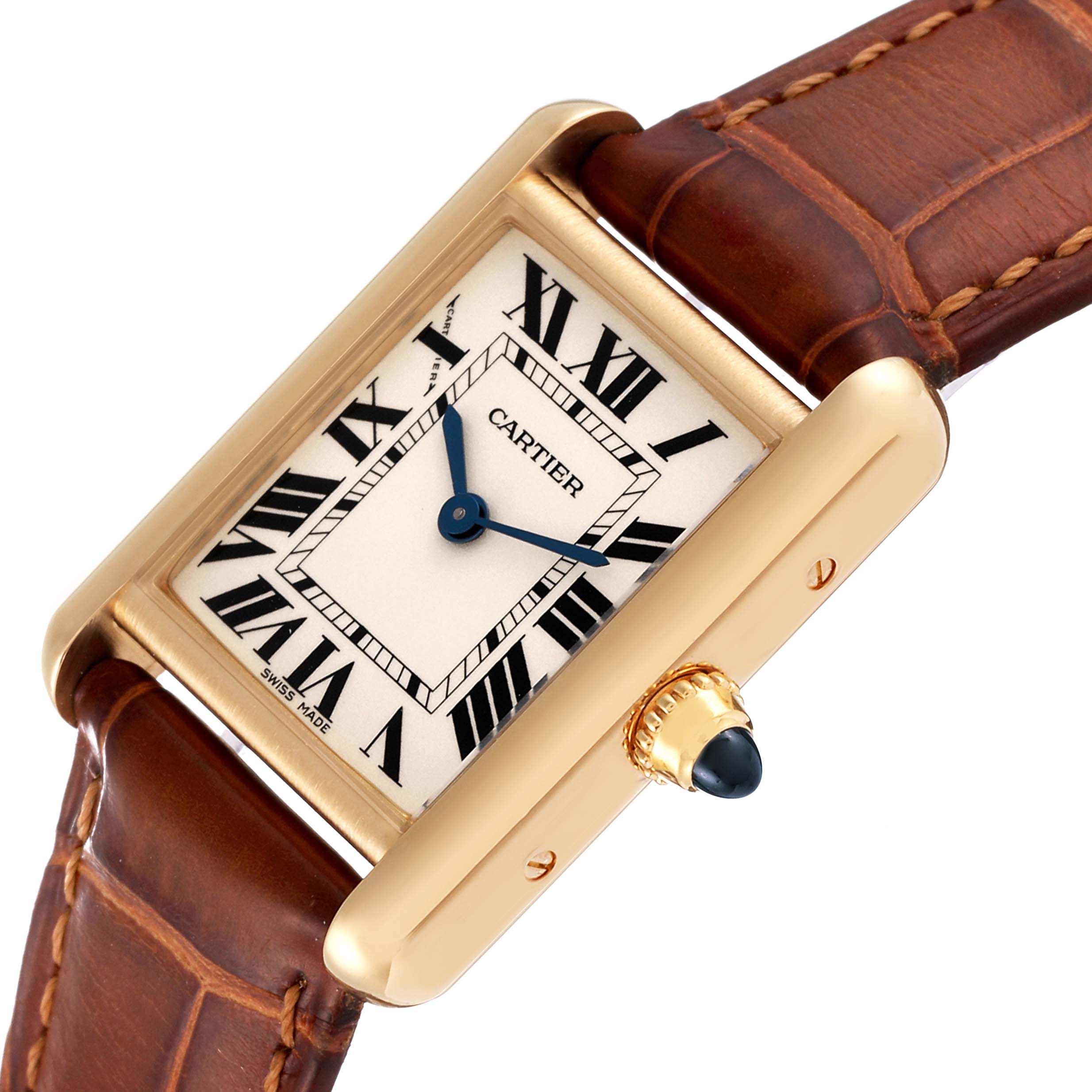 The Cartier Tank Louis W1529856 Women's Yellow Gold Silver Dial W1529856 Women's Yellow Gold Silver Dial watch is shown at an angled close-up, highlighting the face, crown, and brown leather strap.