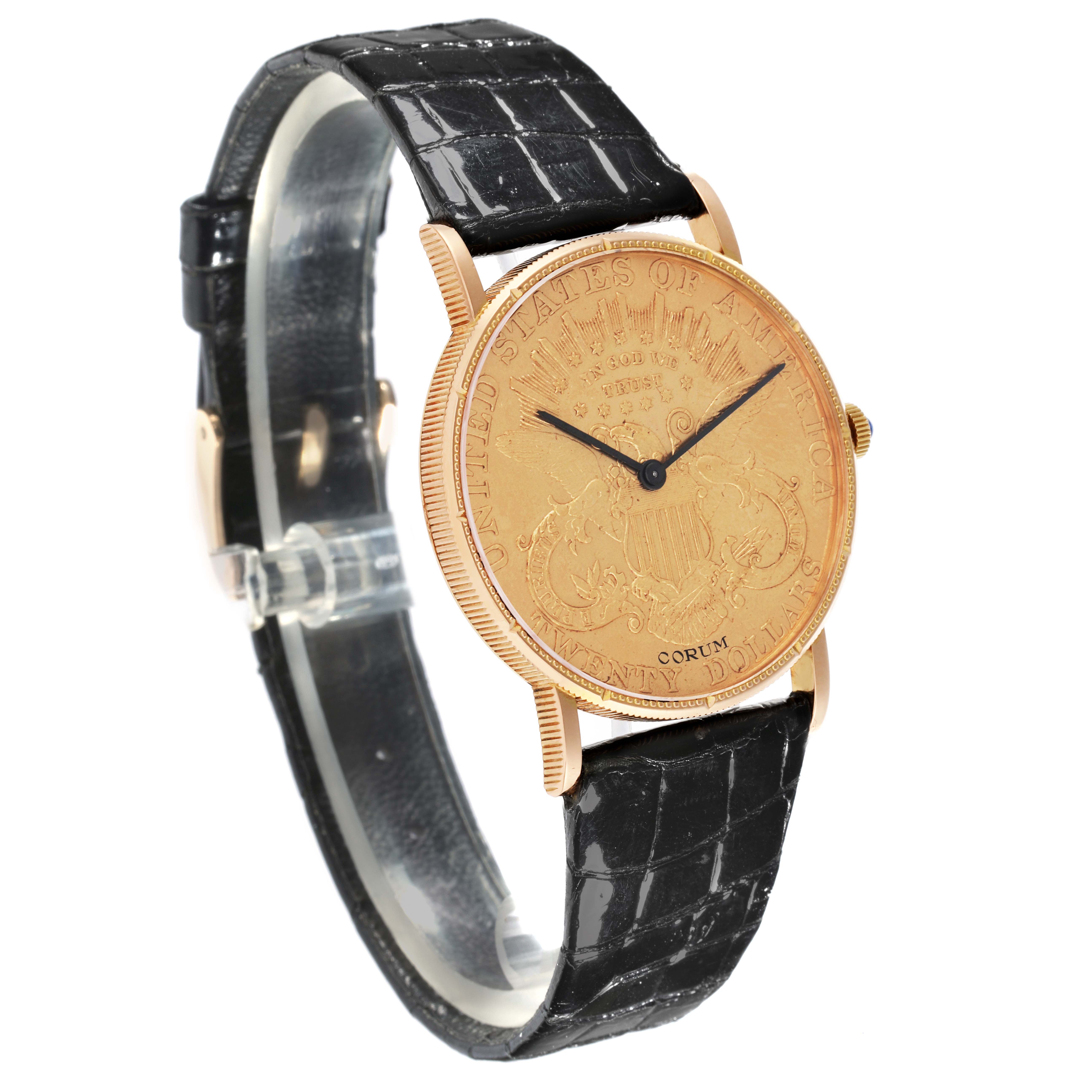 The Corum Coin Watch 4414556 Men's Yellow Gold Champagne Dial 4414556 Men's Yellow Gold Champagne Dial is shown at a three-quarter angle, displaying its gold-toned face and black leather strap.
