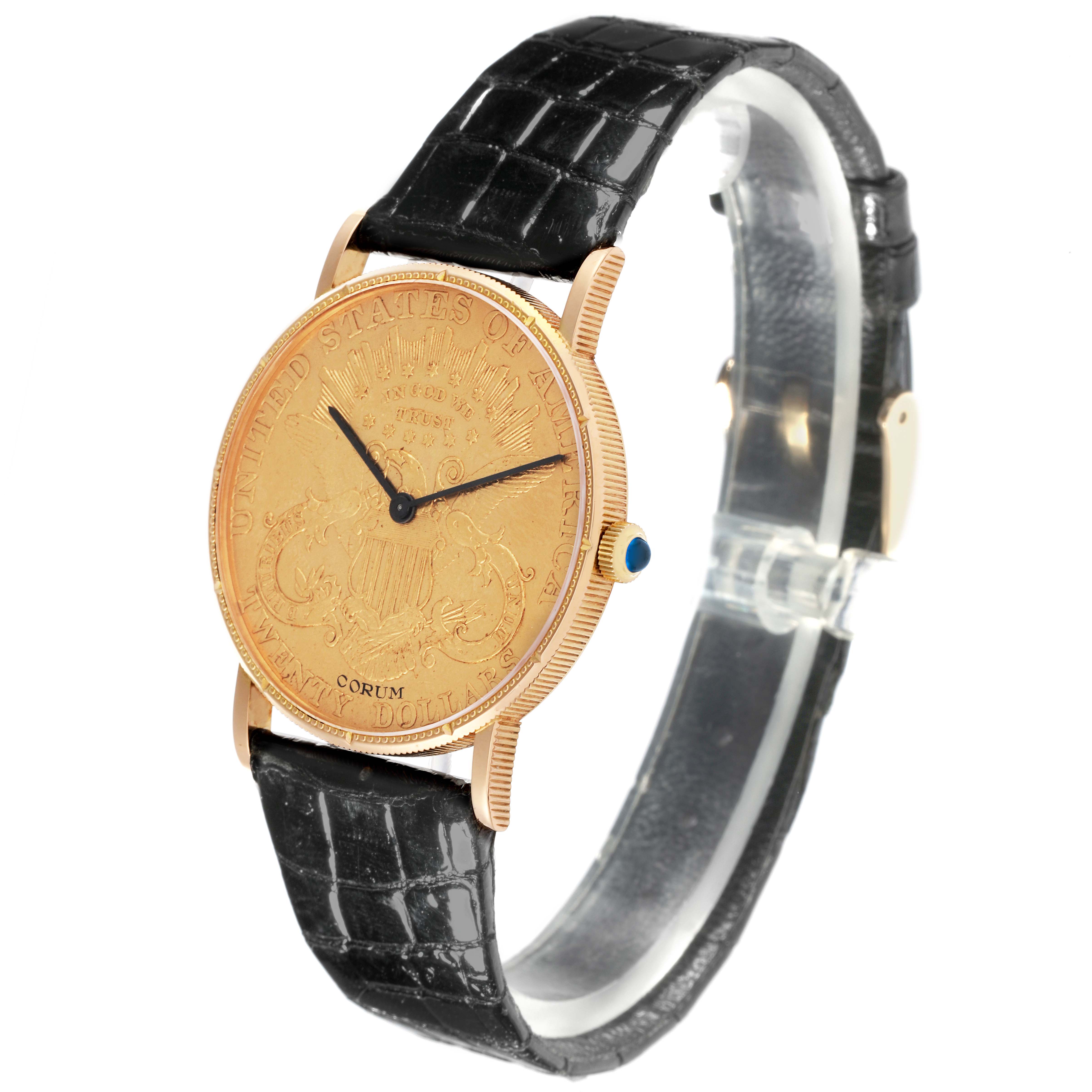 The Corum Coin Watch 4414556 Men's Yellow Gold Champagne Dial 4414556 Men's Yellow Gold Champagne Dial is shown at a slight angle, displaying the face, crown, and black leather strap.