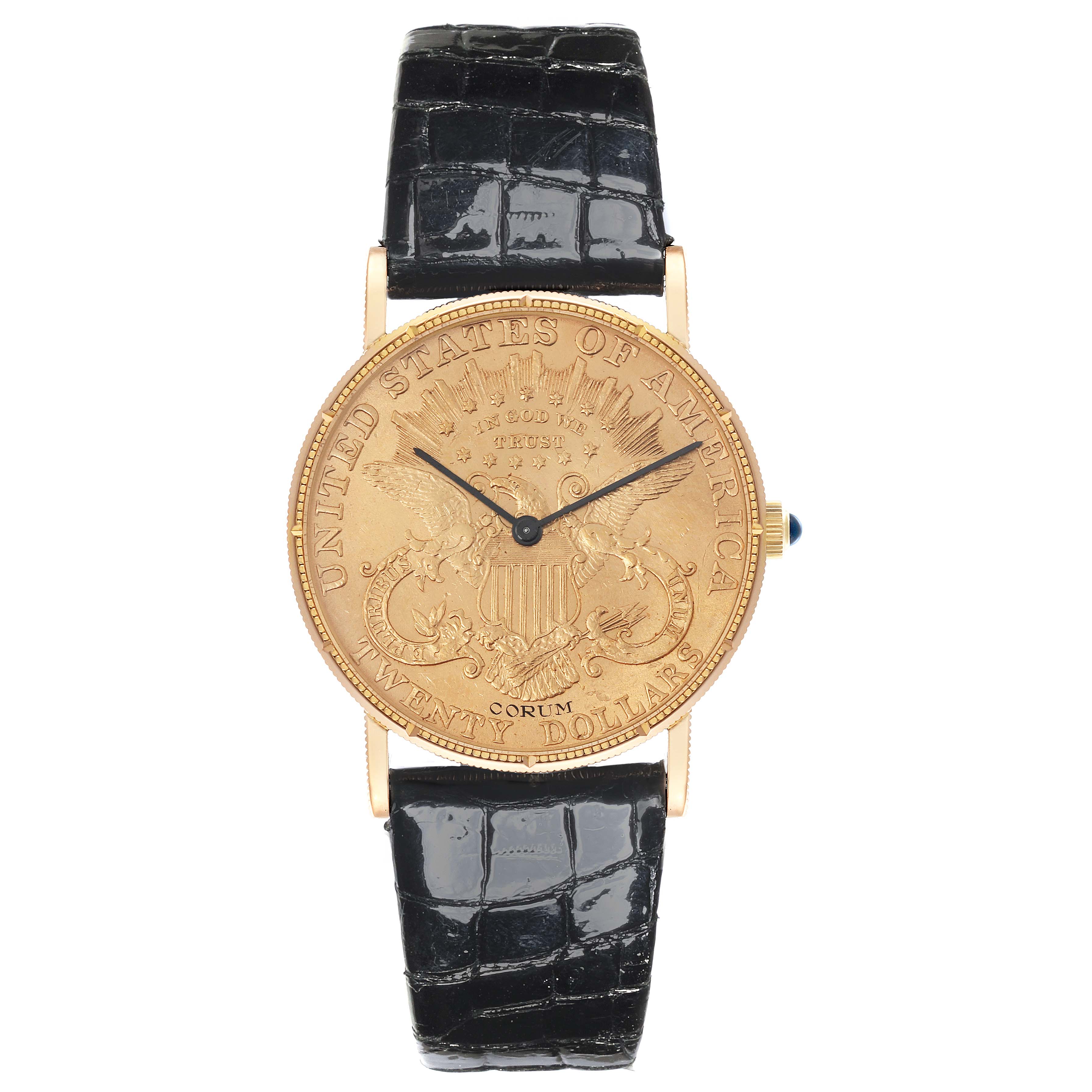 The Corum Coin Watch 4414556 Men's Yellow Gold Champagne Dial 4414556 Men's Yellow Gold Champagne Dial model is shown from the front, displaying its coin-face dial and black textured strap.