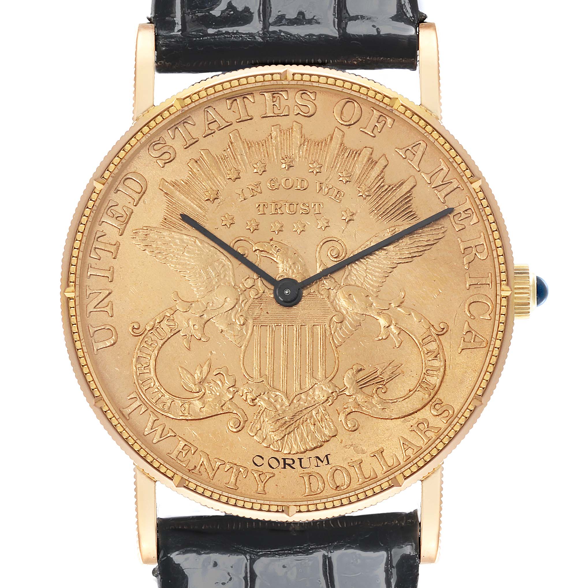 The Corum Coin Watch 4414556 Men's Yellow Gold Champagne Dial 4414556 Men's Yellow Gold Champagne Dial model is shown from the front, displaying the engraved coin dial, hands, crown, and leather strap attachment.