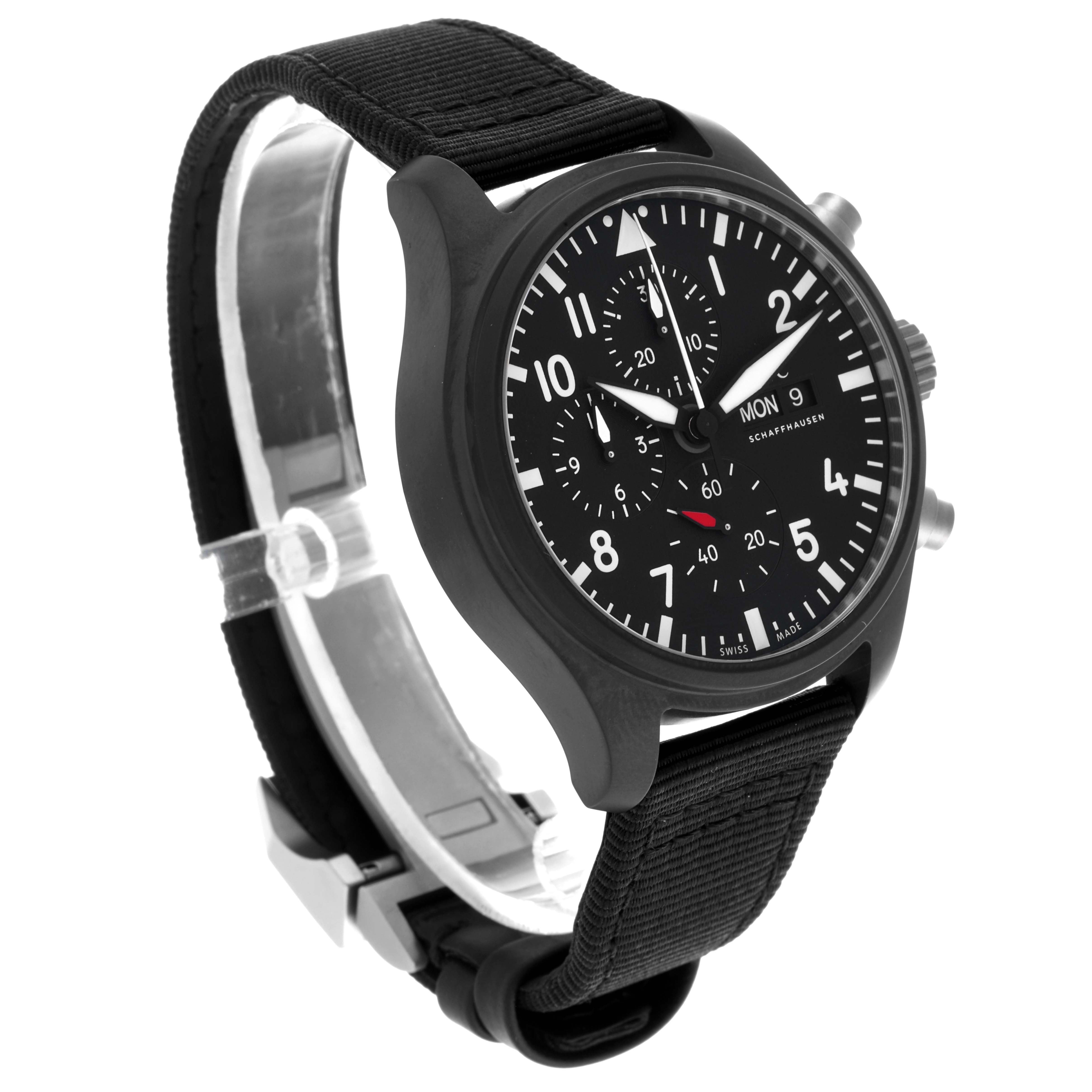 The IWC Pilot IW389101 Men's Ceramic Black Dial IW389101 Men's Ceramic Black Dial model is shown from a three-quarter angle, displaying the black dial, chronograph subdials, and nylon strap.