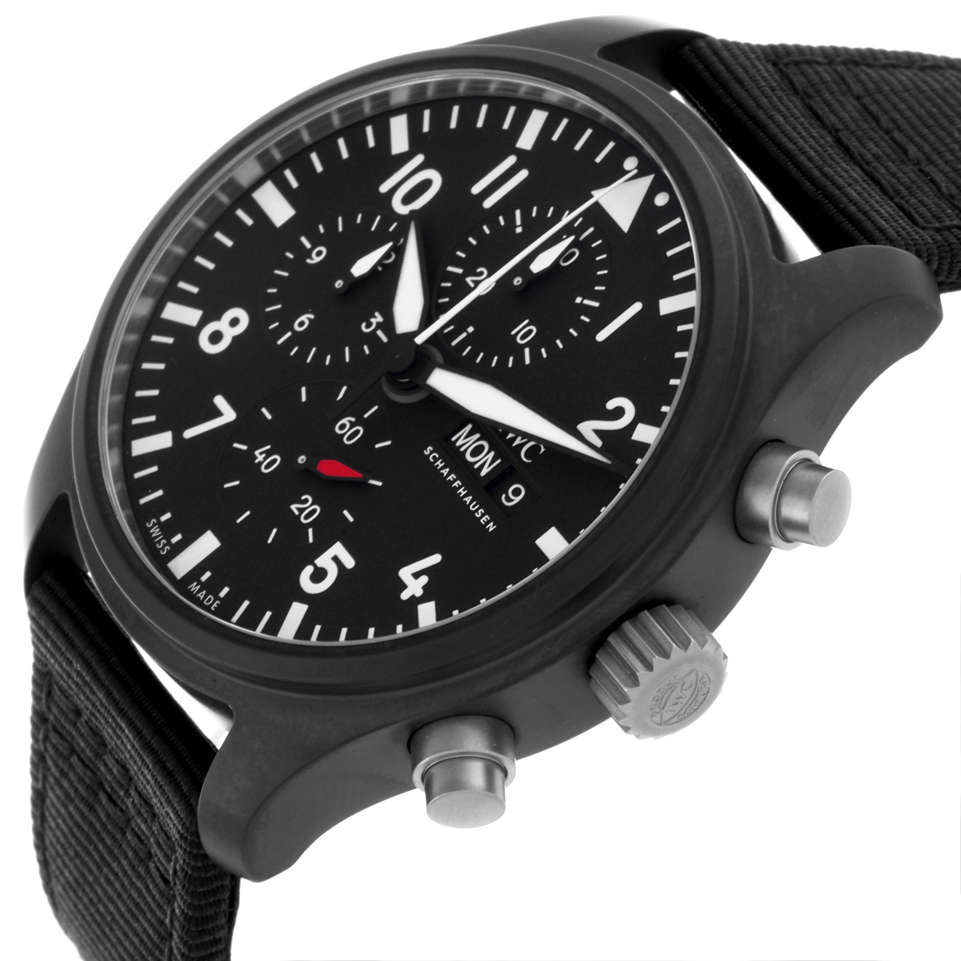 The IWC Pilot IW389101 Men's Ceramic Black Dial IW389101 Men's Ceramic Black Dial model watch is shown at a slight side angle, highlighting the dial, pushers, and crown.