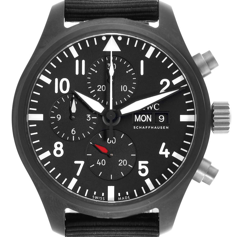 The IWC Pilot watch is shown in a front view, displaying the full dial, hands, subdials, and crown.