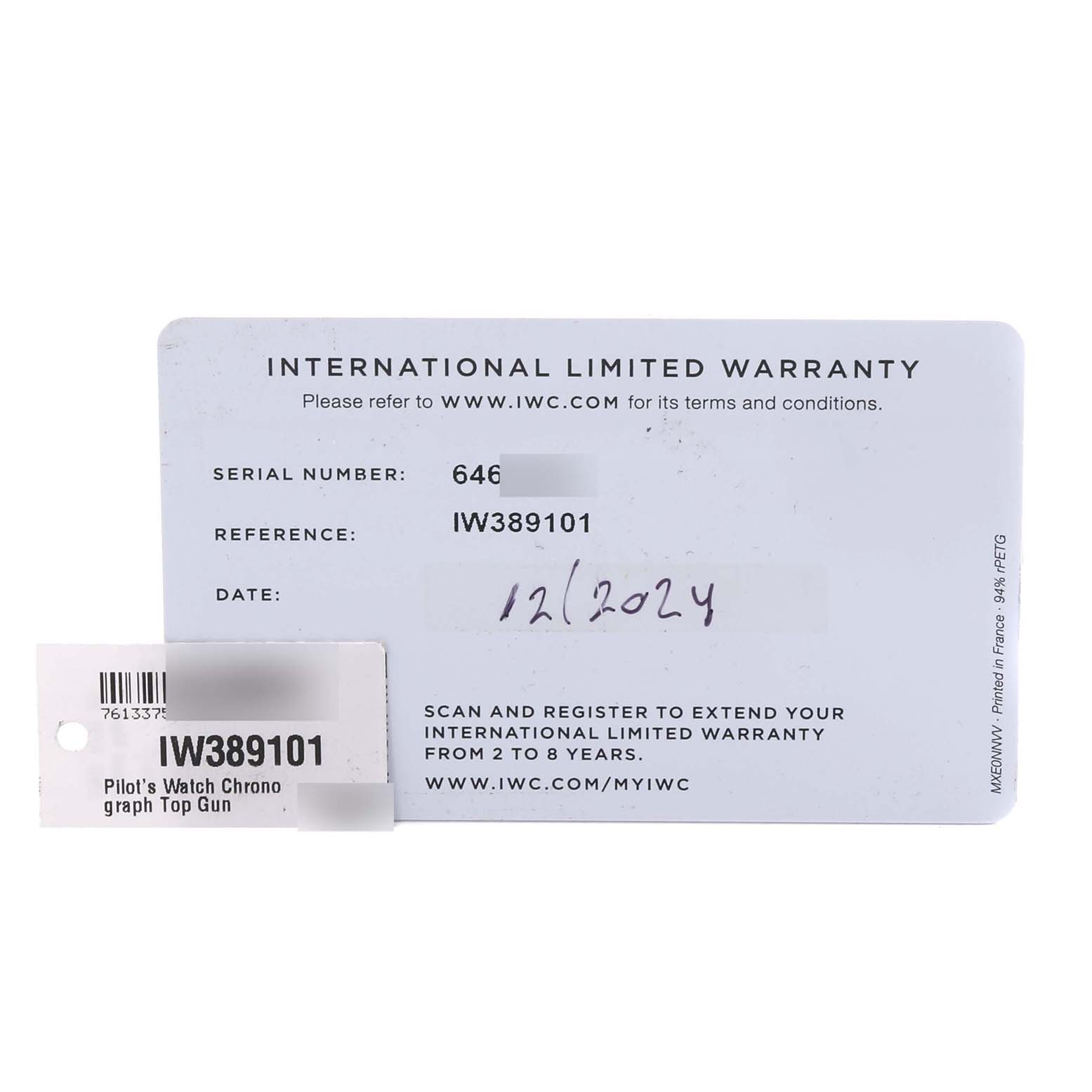 The image shows the warranty card and label for the IWC Pilot IW389101 Men's Ceramic Black Dial IW389101 Men's Ceramic Black Dial's Watch Chronograph model IW389101.