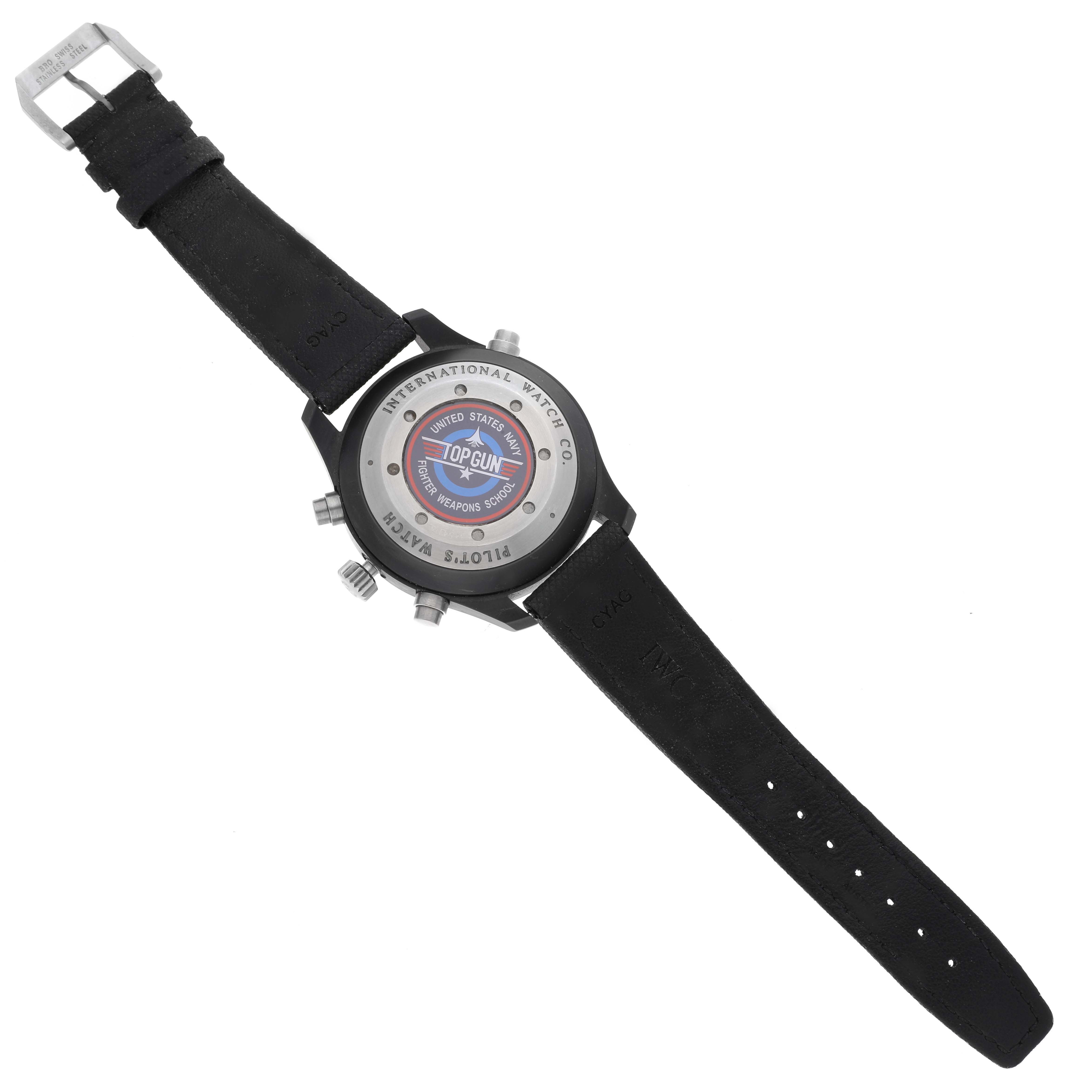 The image shows the back view of an IWC Pilot IW379901 Men's Ceramic Black Dial IW379901 Men's Ceramic Black Dial watch, highlighting its strap, buckle, and case back with "Top Gun" branding.