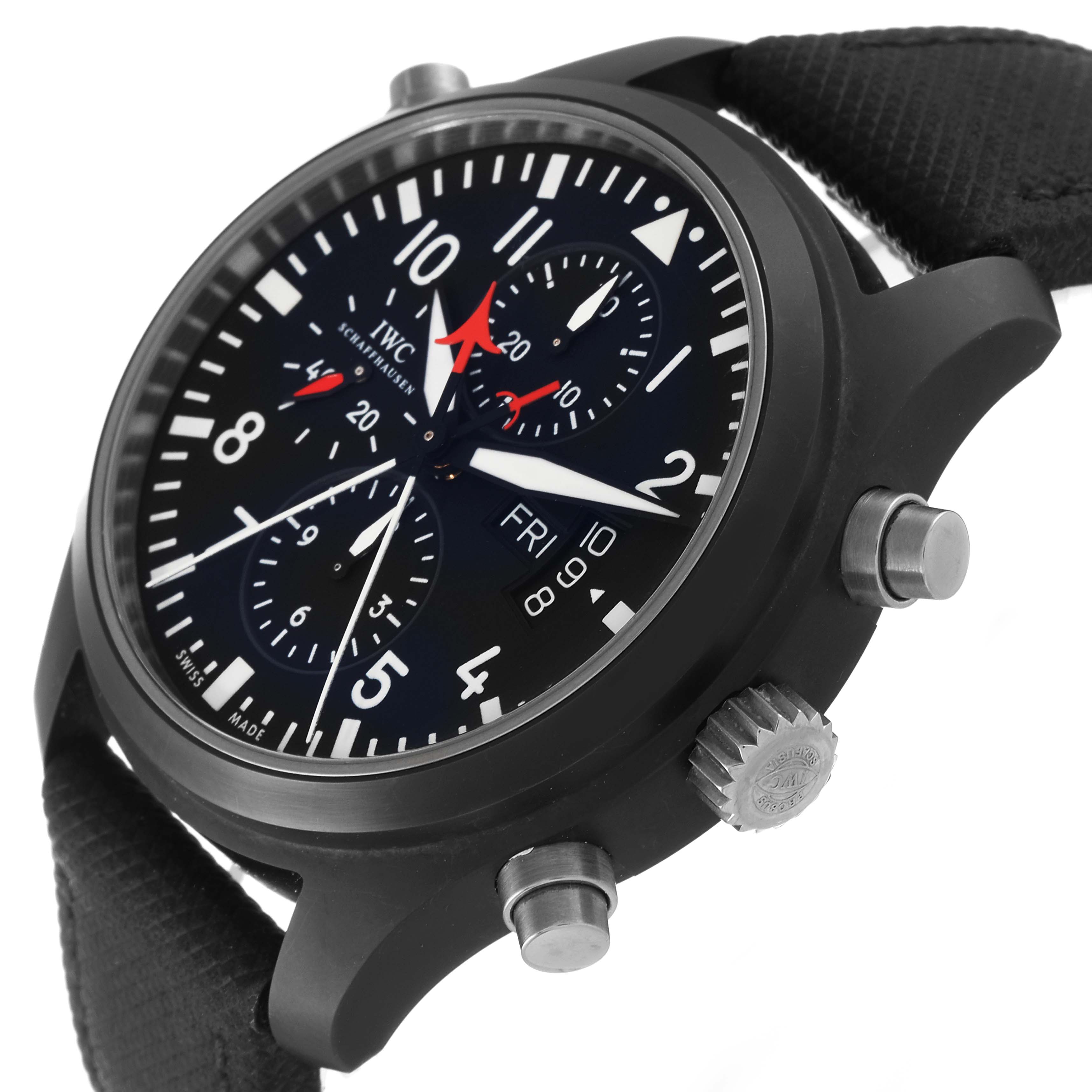 The IWC Pilot IW379901 Men's Ceramic Black Dial IW379901 Men's Ceramic Black Dial watch is shown from a slight side angle, highlighting its crown, pushers, and black dial with three subdials.