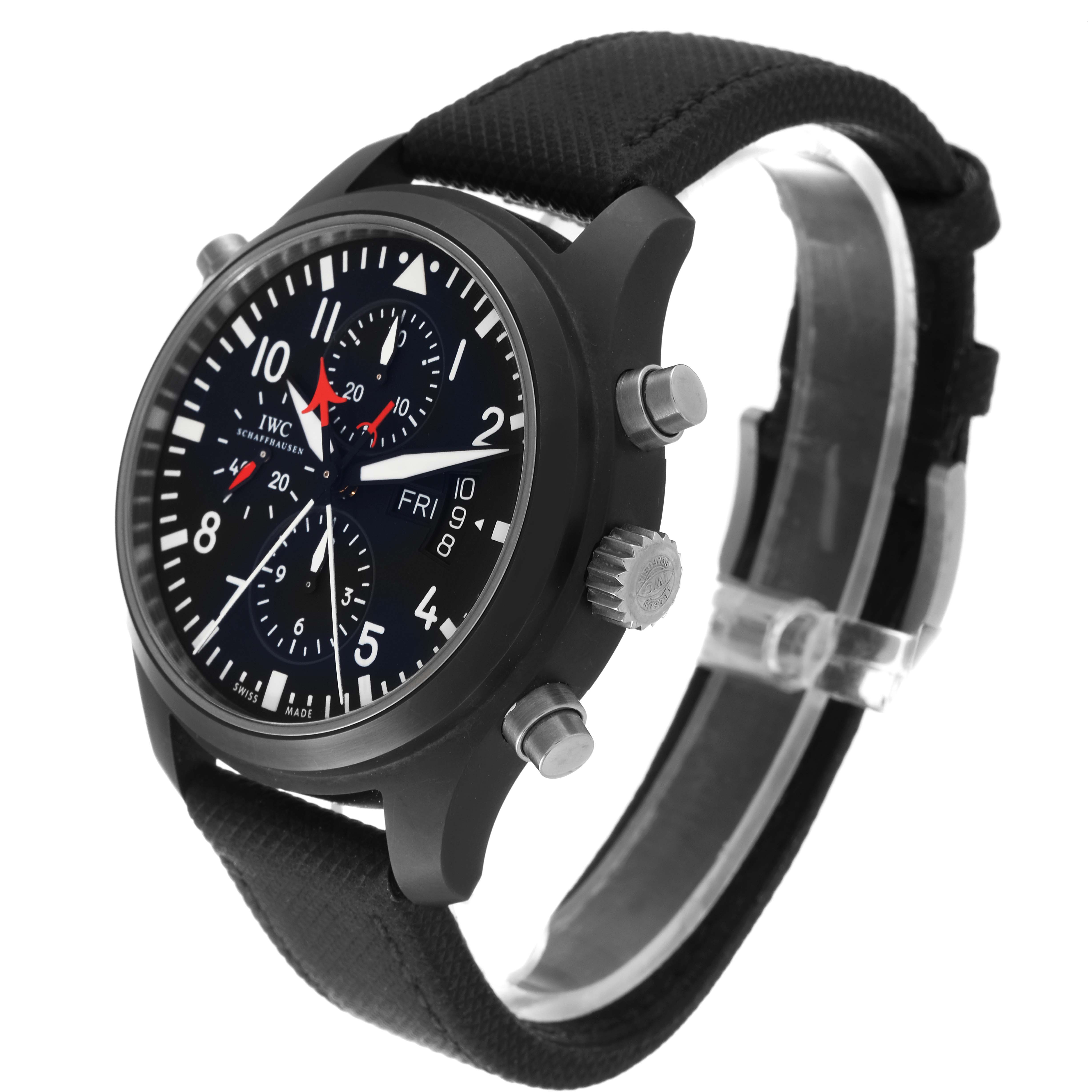 The image shows an IWC Pilot IW379901 Men's Ceramic Black Dial IW379901 Men's Ceramic Black Dial watch model angled from the front-left, highlighting the dial, crown, pushers, and fabric strap.