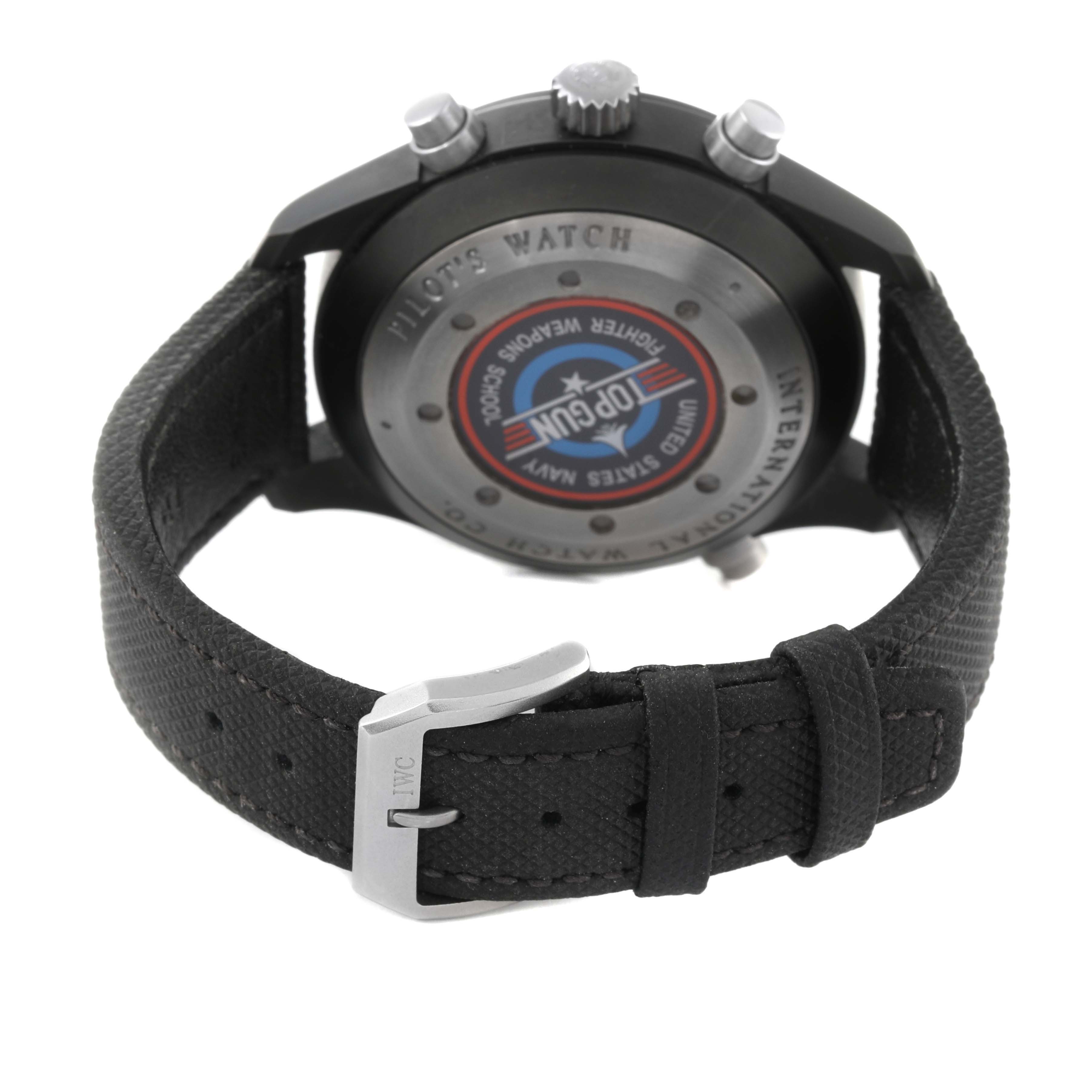 The image shows the back case and strap with buckle of an IWC Pilot IW379901 Men's Ceramic Black Dial IW379901 Men's Ceramic Black Dial model watch.