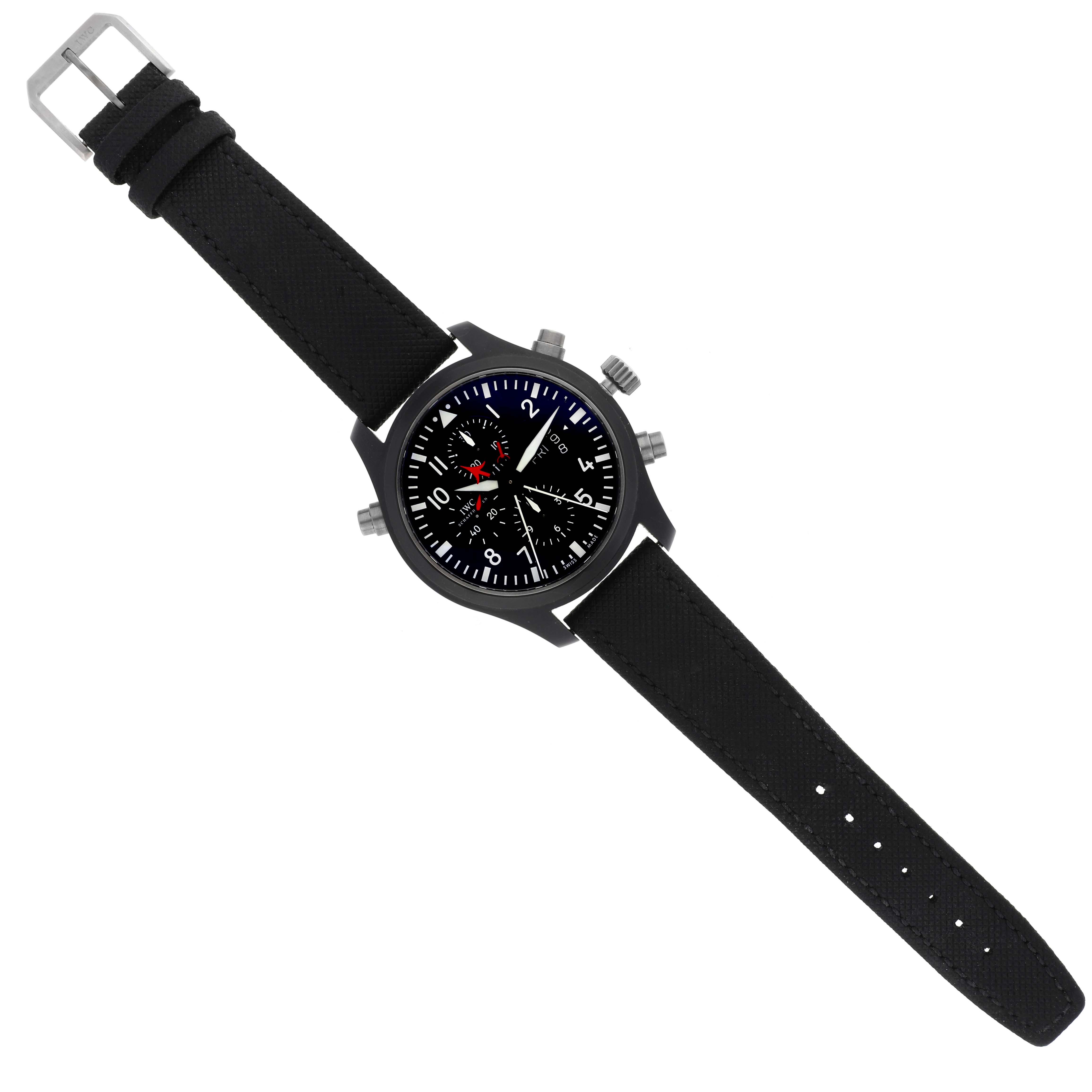 This is a top-down view of the IWC Pilot IW379901 Men's Ceramic Black Dial IW379901 Men's Ceramic Black Dial model watch, showing its face, black strap, and side buttons.