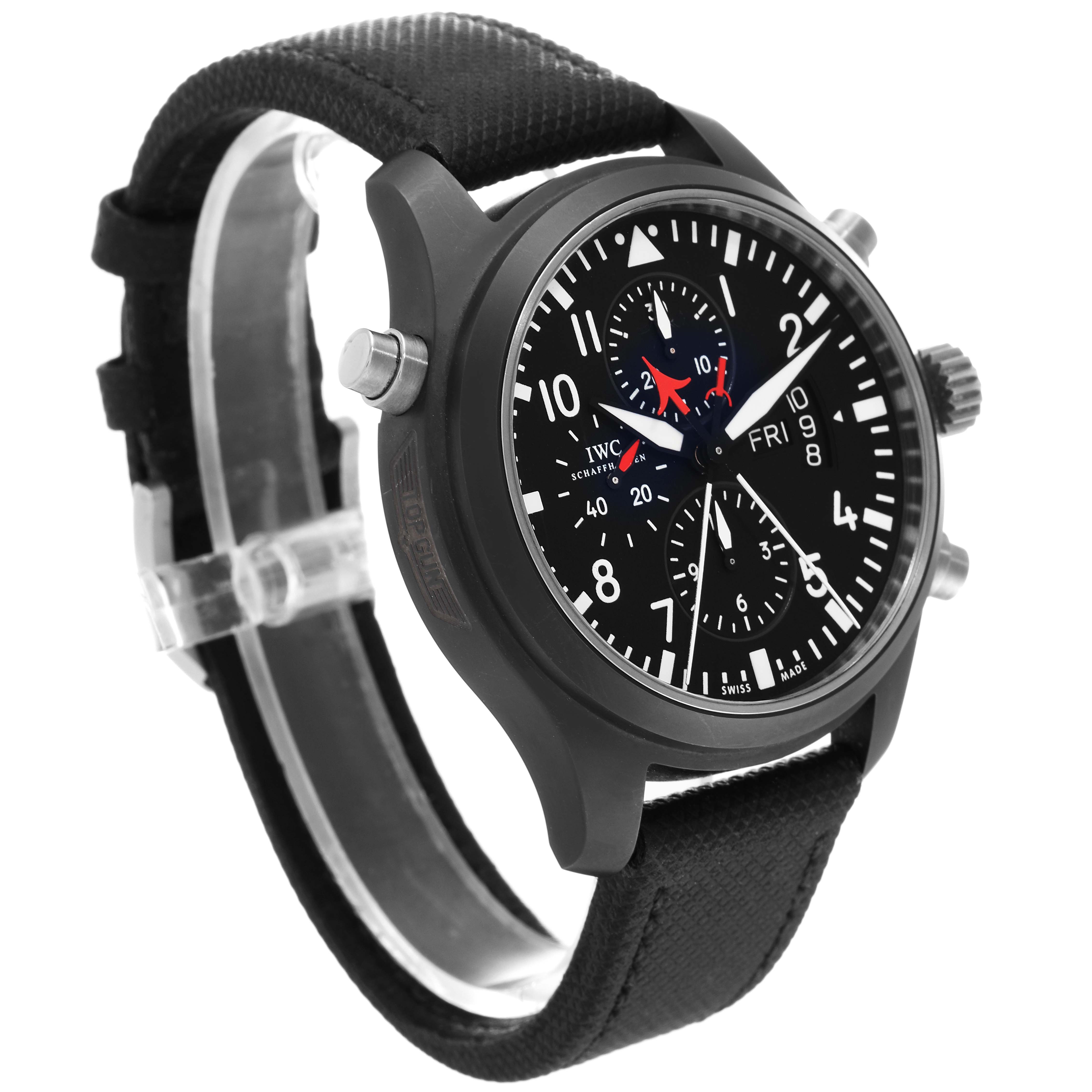 The image shows a three-quarter angle of the IWC Pilot IW379901 Men's Ceramic Black Dial IW379901 Men's Ceramic Black Dial model watch, highlighting its face, crown, pushers, and black strap.