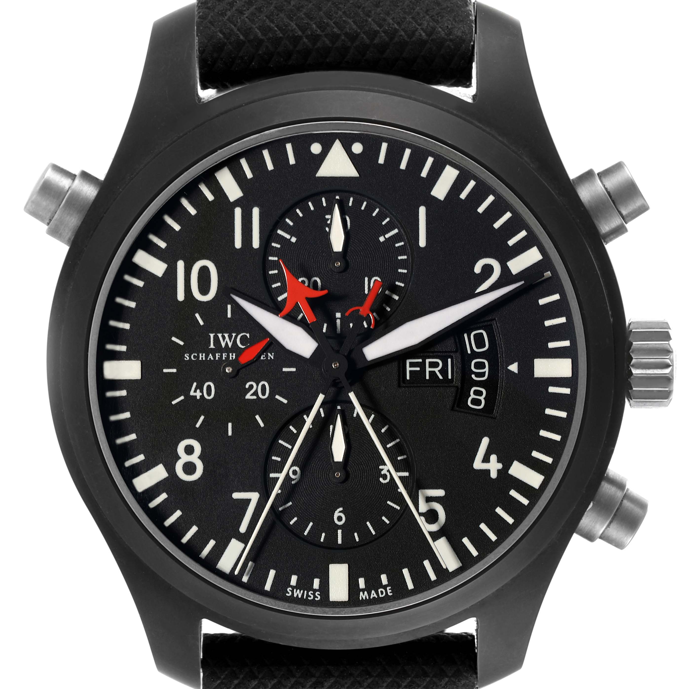 The image shows a frontal view of the IWC Pilot IW379901 Men's Ceramic Black Dial IW379901 Men's Ceramic Black Dial model watch, displaying the dial, chronograph subdials, and date window.