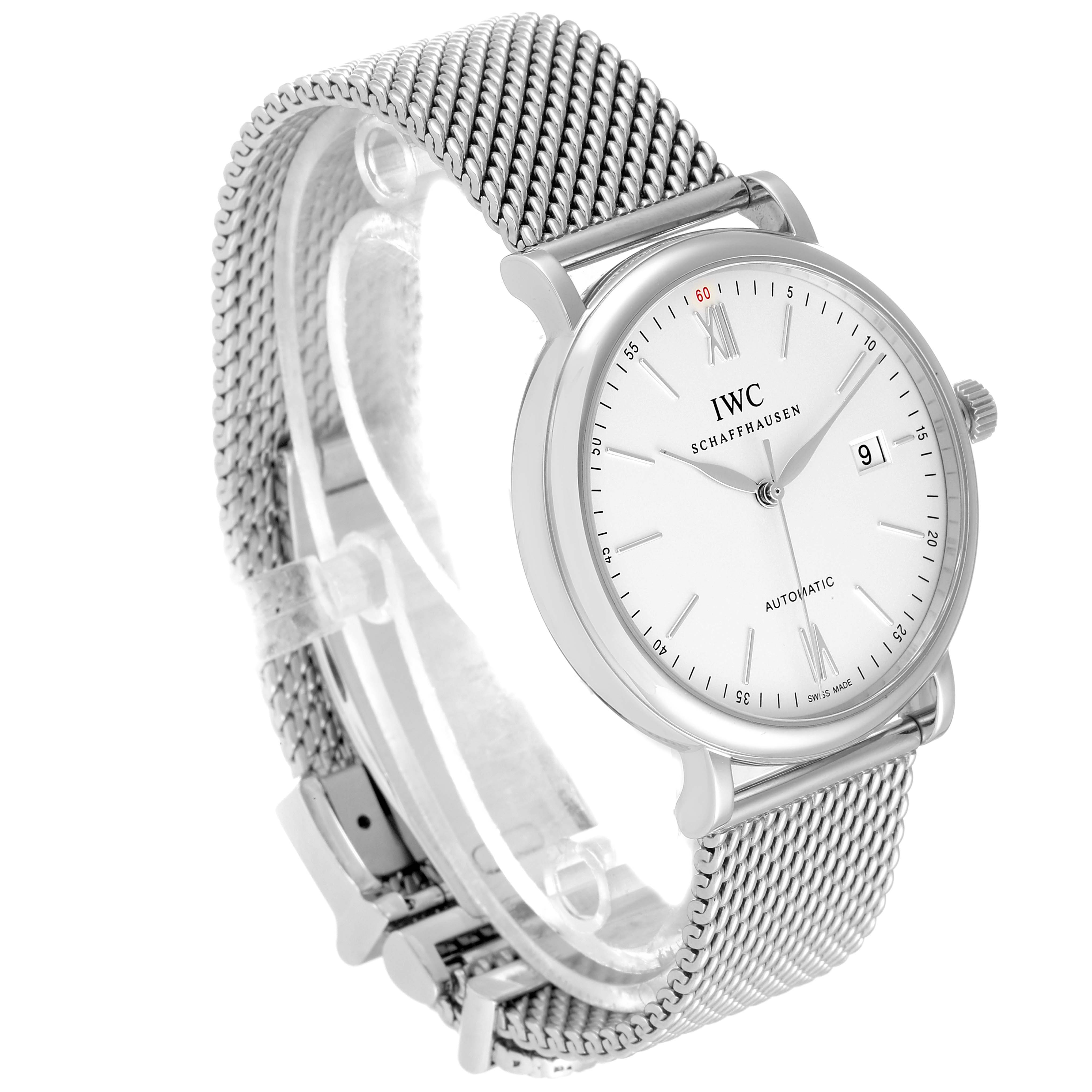 The IWC Portofino IW356505 Men's Stainless Steel Silver Dial IW356505 Men's Stainless Steel Silver Dial watch is shown at a three-quarter angle, displaying the face, dial, crown, and mesh bracelet.