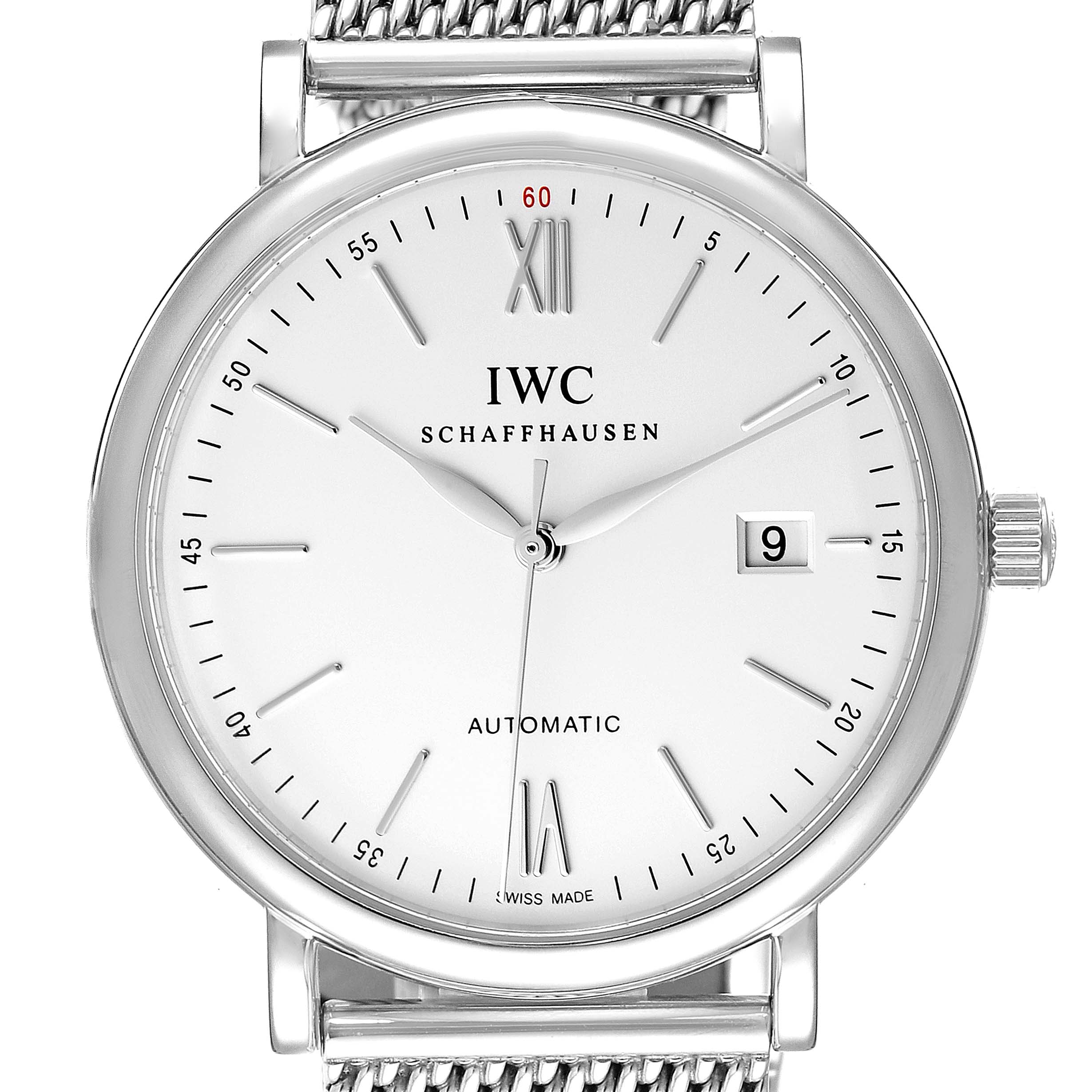 The image shows a frontal view of the IWC Portofino IW356505 Men's Stainless Steel Silver Dial IW356505 Men's Stainless Steel Silver Dial watch, displaying the dial, date window, and part of the metal mesh strap.