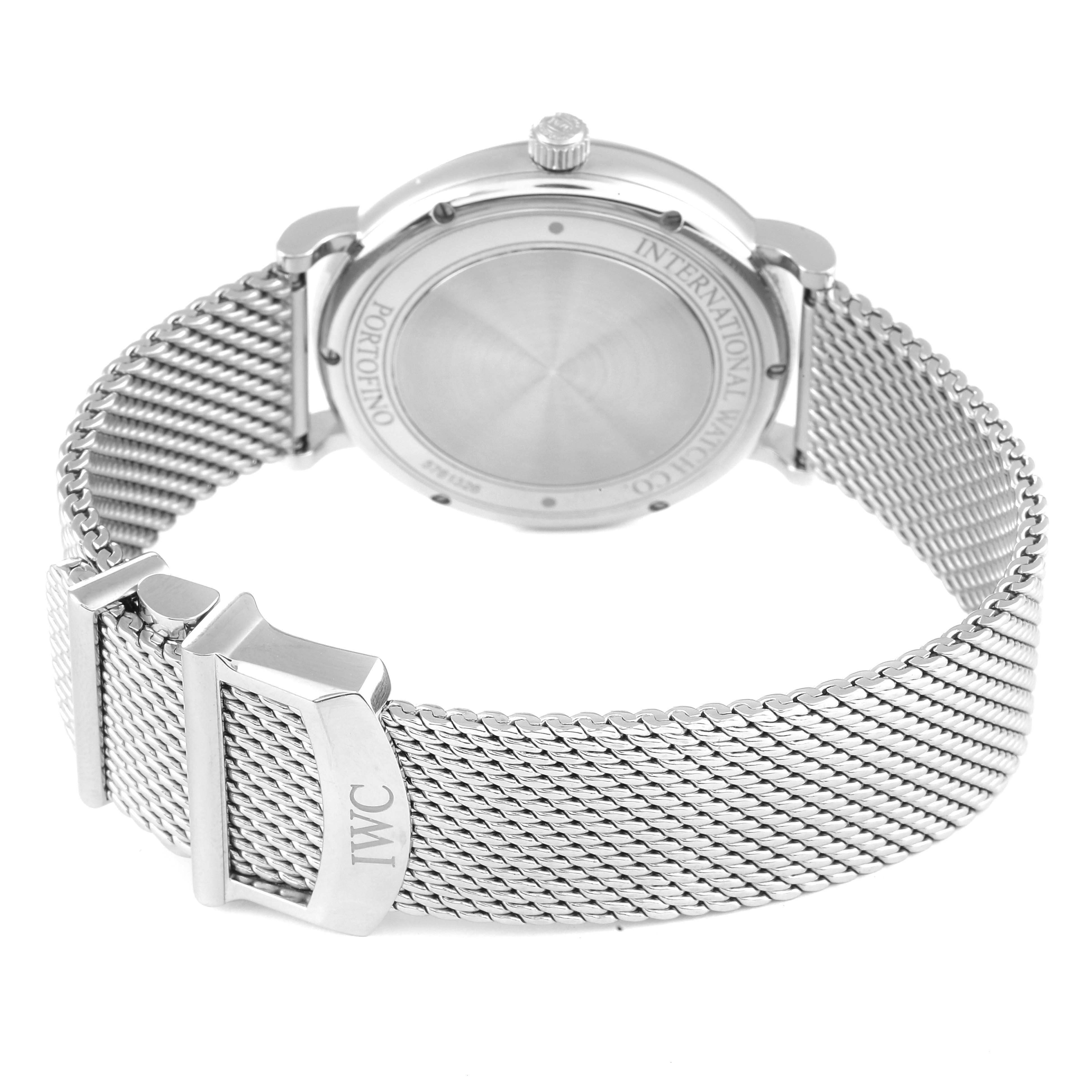 The image shows the back case and mesh bracelet of an IWC Portofino IW356505 Men's Stainless Steel Silver Dial IW356505 Men's Stainless Steel Silver Dial watch.
