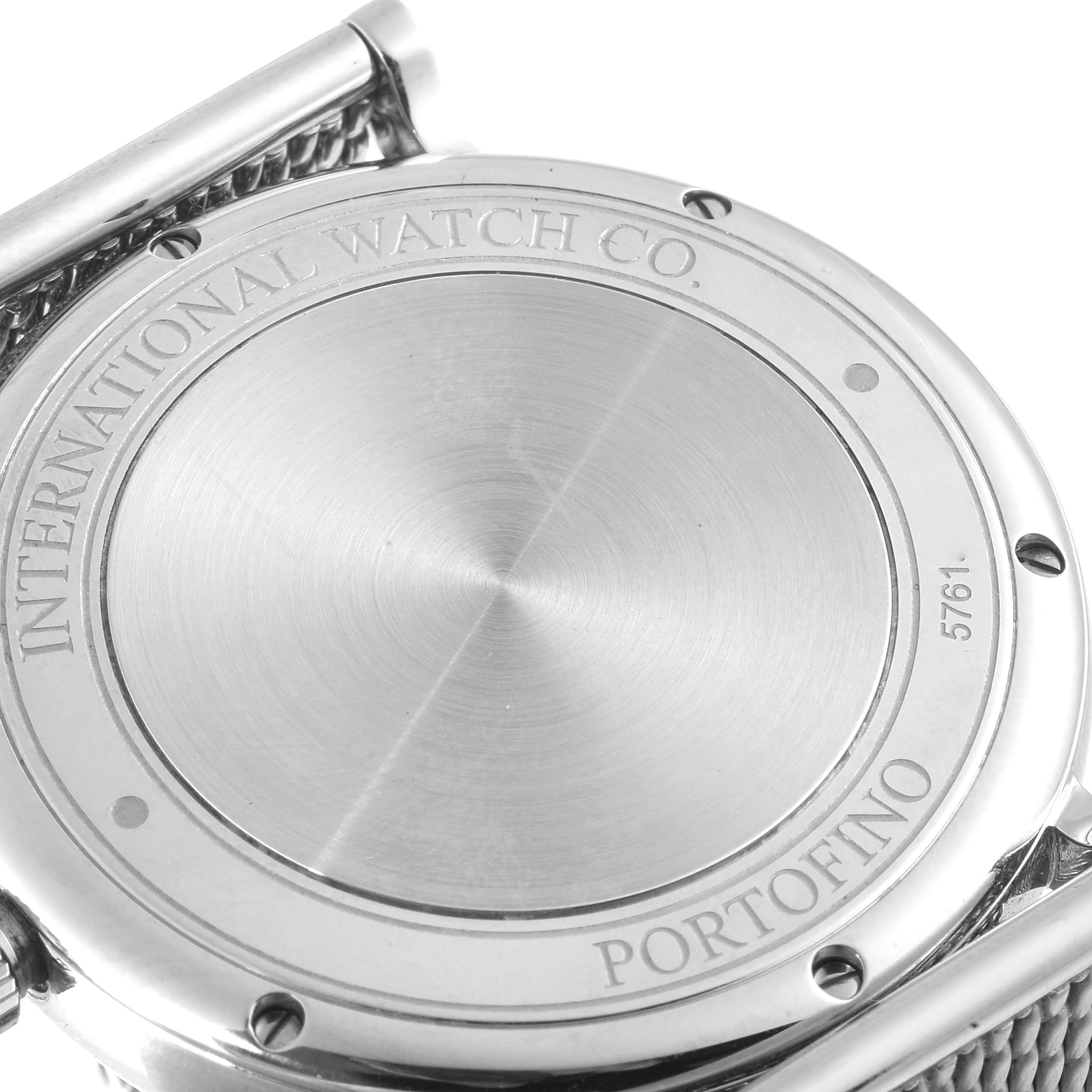 The image shows the back case of an IWC Portofino IW356505 Men's Stainless Steel Silver Dial IW356505 Men's Stainless Steel Silver Dial watch at a slightly tilted, close-up angle, highlighting the engraved text.