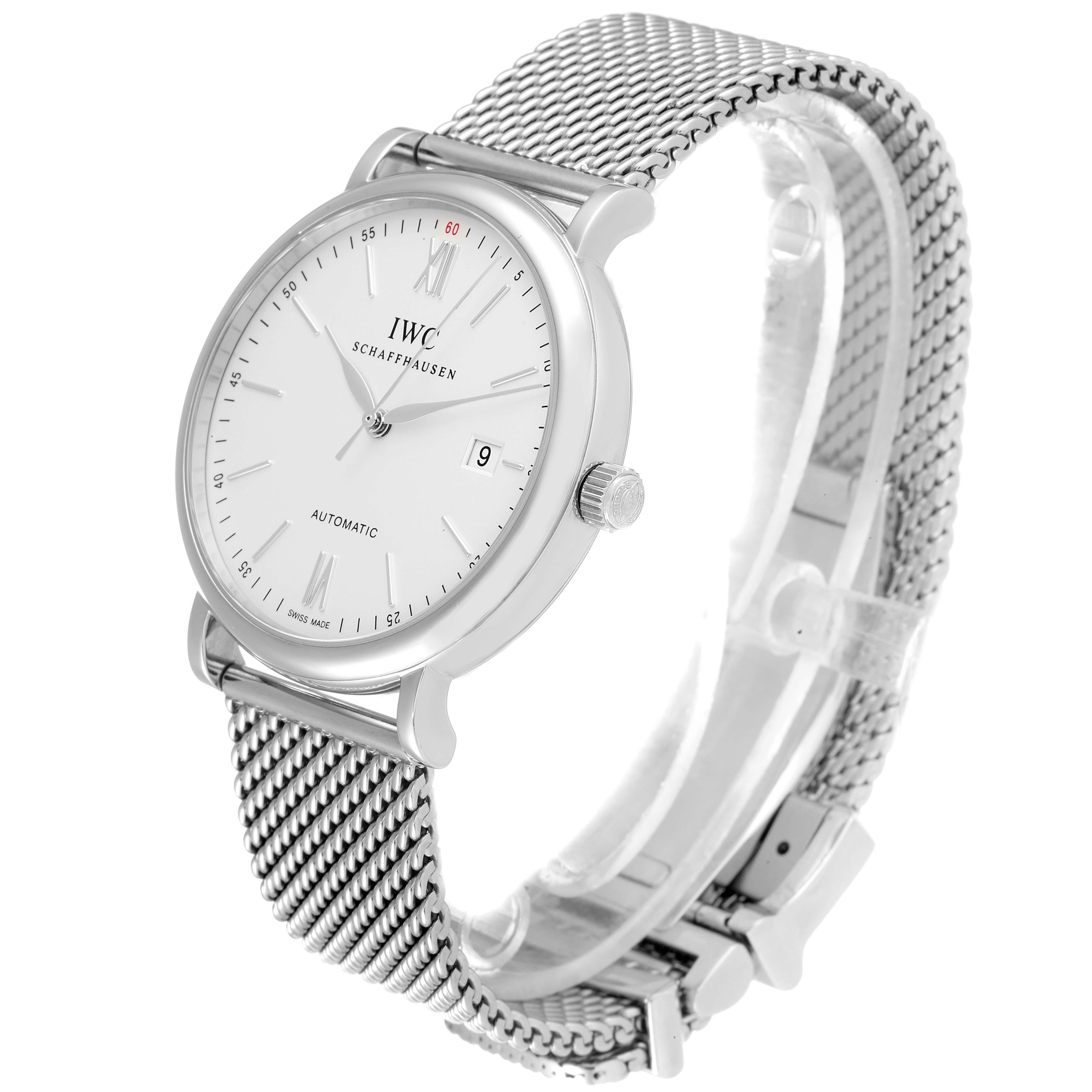 This image shows a side angle of an IWC Portofino IW356505 Men's Stainless Steel Silver Dial IW356505 Men's Stainless Steel Silver Dial watch, highlighting its mesh strap, dial, and crown.