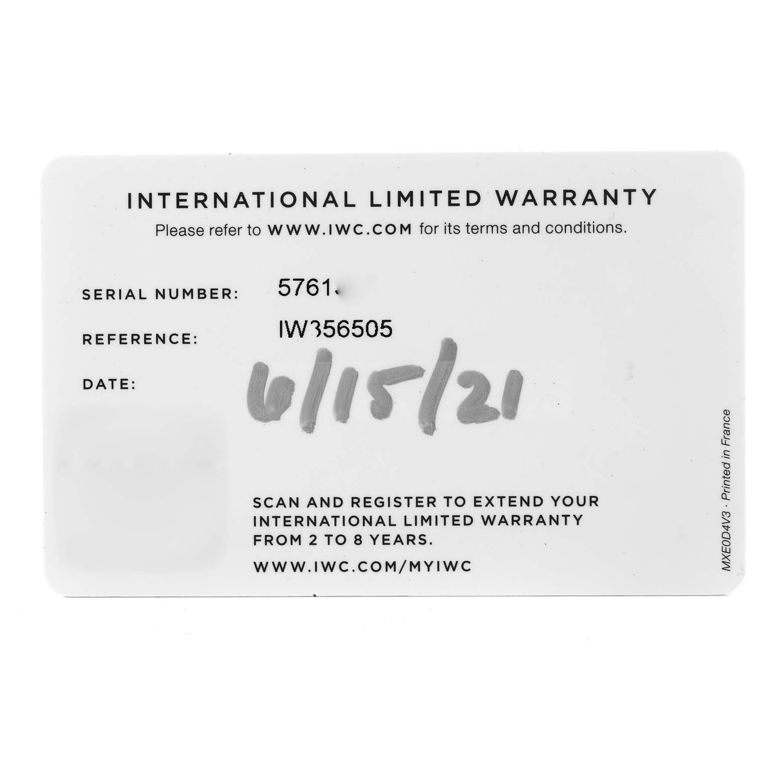 This IWC Portofino IW356505 Men's Stainless Steel Silver Dial IW356505 Men's Stainless Steel Silver Dial watch accessory is an international limited warranty card photographed from the front.