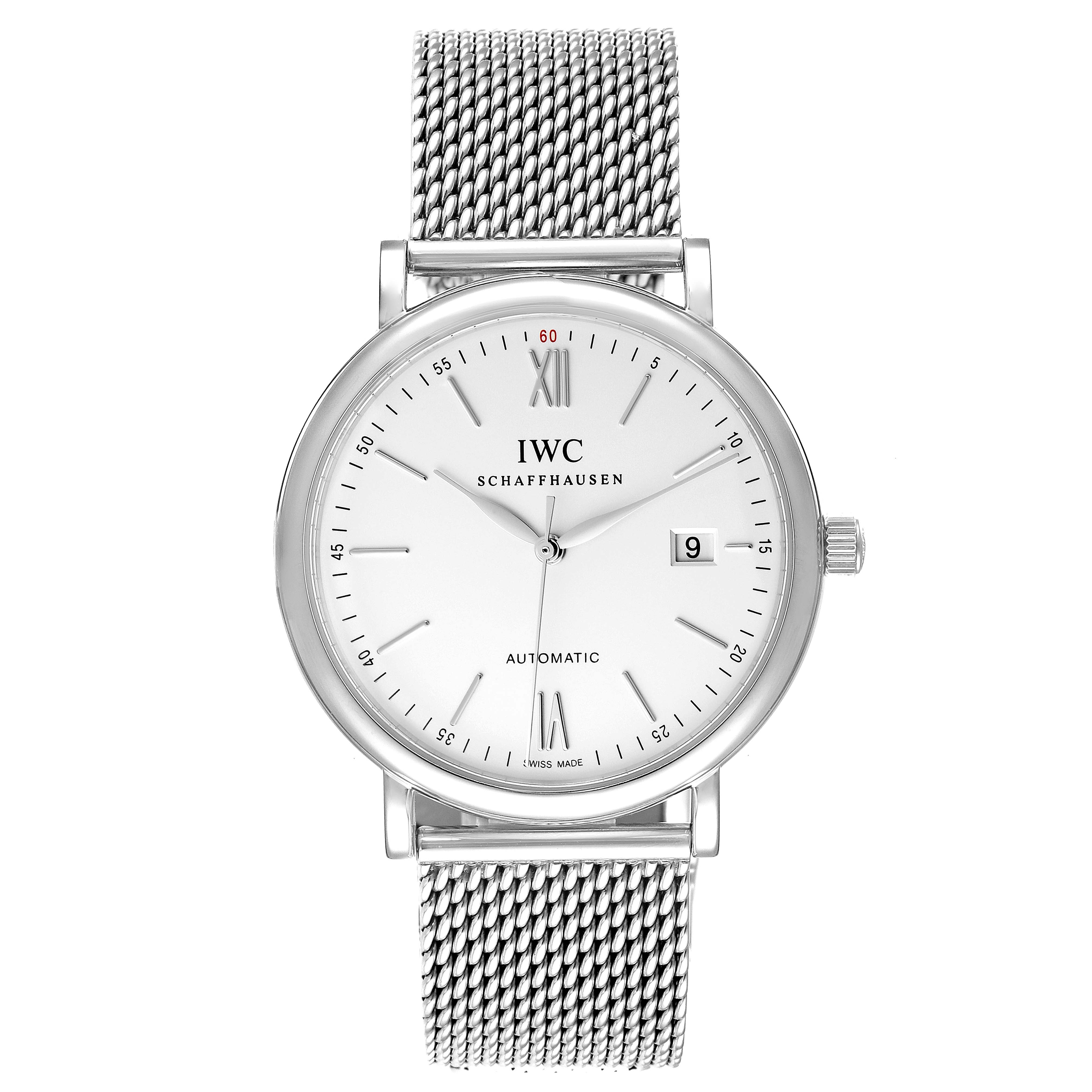 This image shows a frontal view of the IWC Portofino IW356505 Men's Stainless Steel Silver Dial IW356505 Men's Stainless Steel Silver Dial watch, displaying the dial, mesh bracelet, and crown.