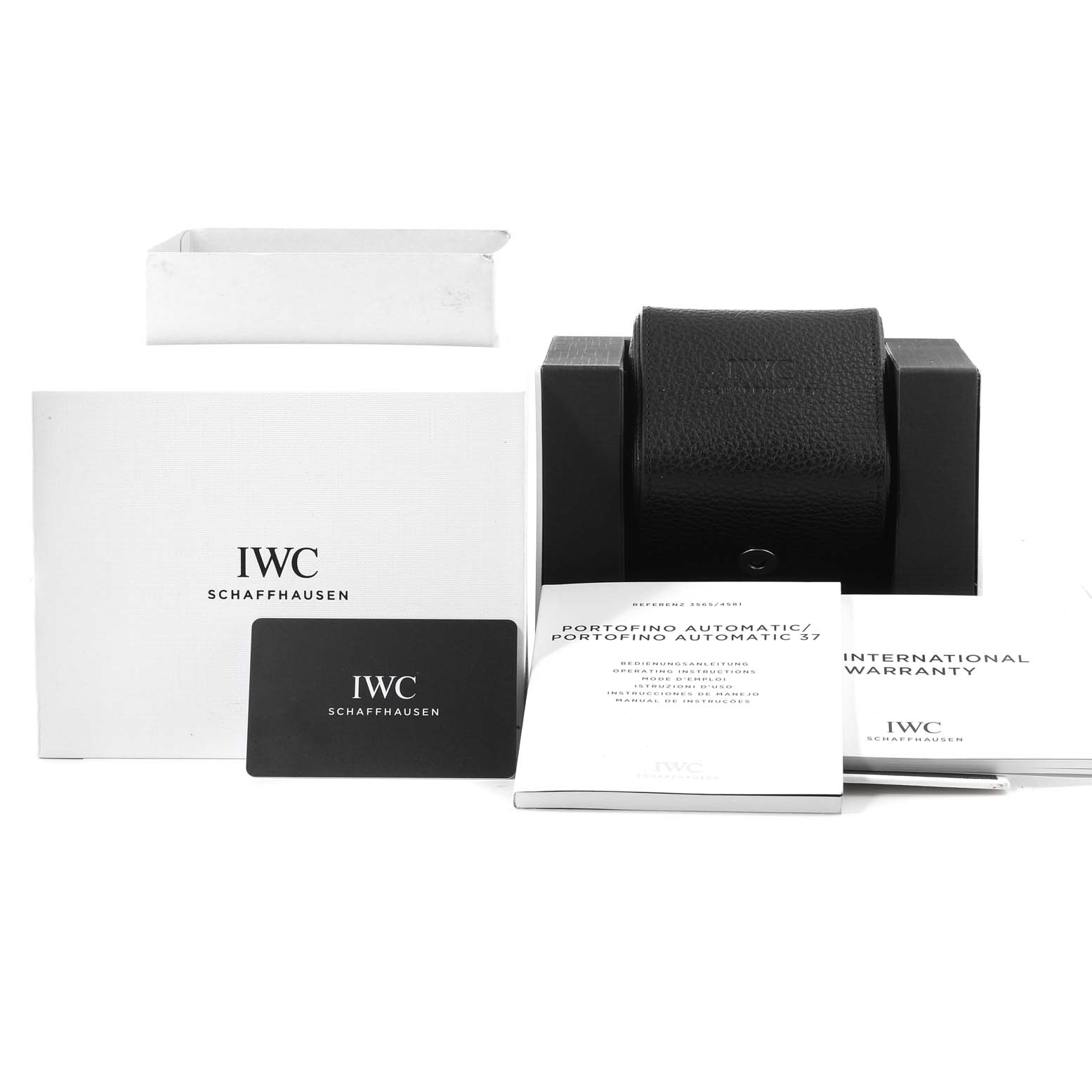 The image shows packaging, warranty card, and manuals for an IWC Portofino IW356505 Men's Stainless Steel Silver Dial IW356505 Men's Stainless Steel Silver Dial model watch, viewed from the front.