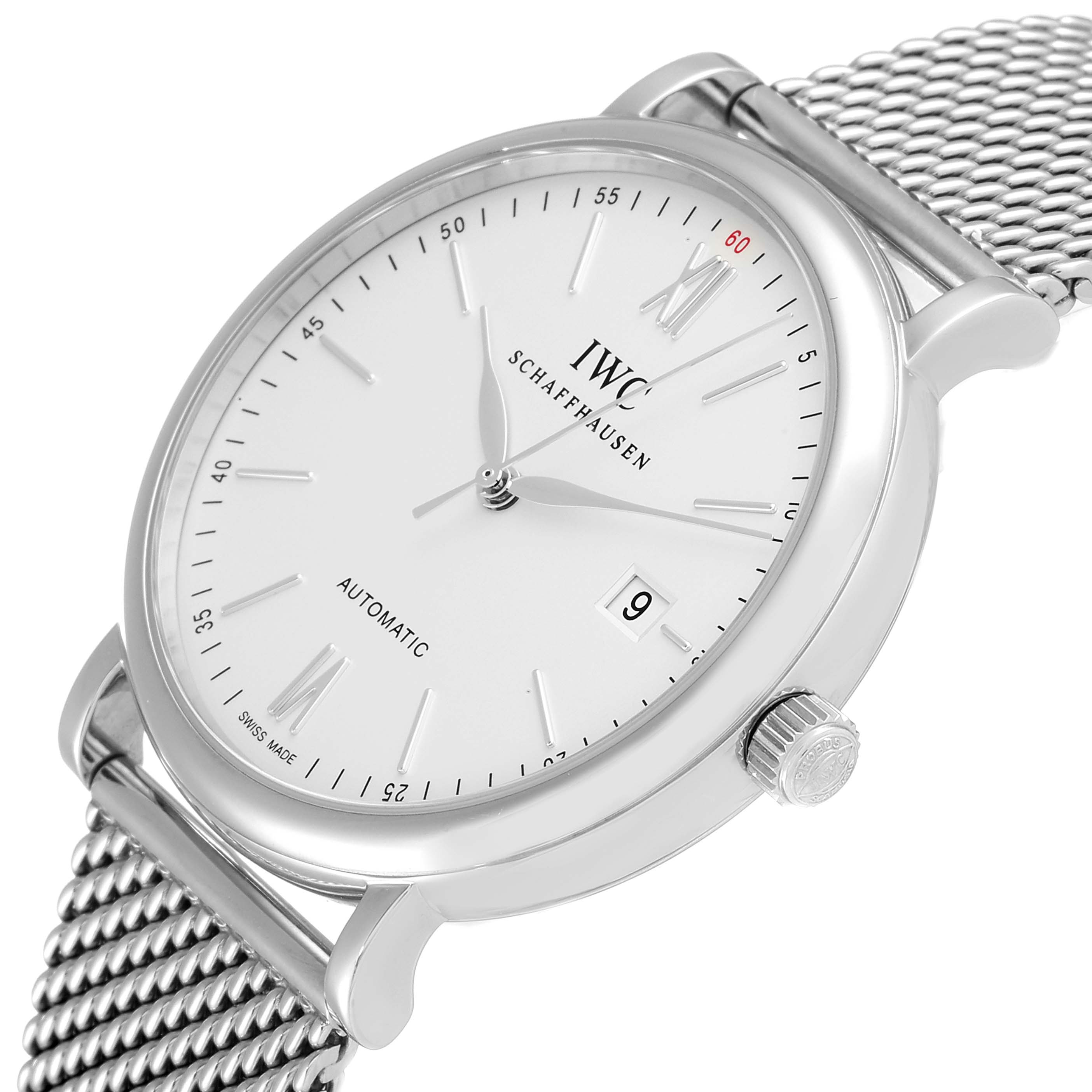 The image shows an angled view of the IWC Portofino IW356505 Men's Stainless Steel Silver Dial IW356505 Men's Stainless Steel Silver Dial watch displaying its face, crown, and mesh band.