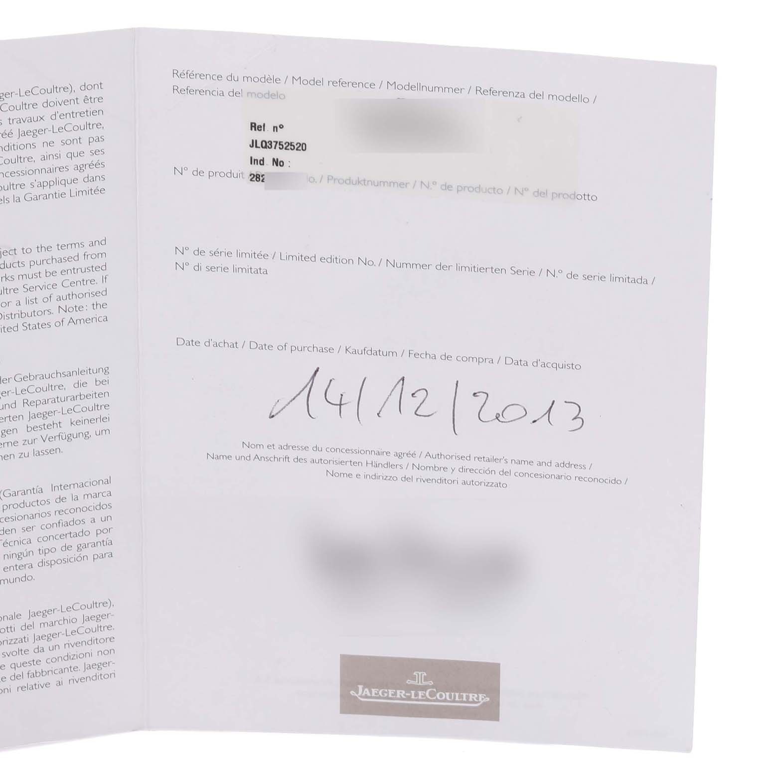 The image shows a warranty card for the Jaeger-LeCoultre Reverso model from a frontal angle.