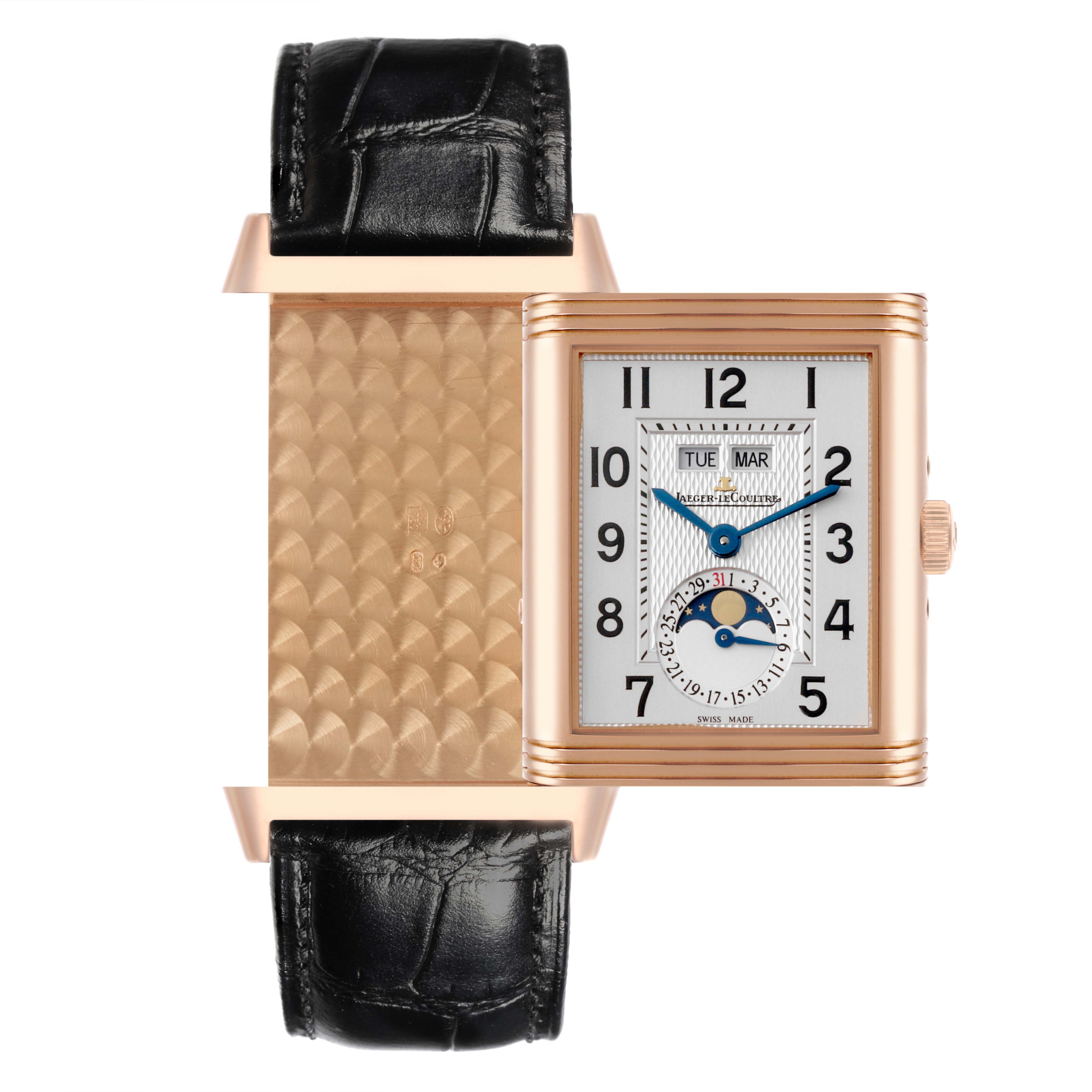 The image shows a Jaeger LeCoultre Reverso Q3752520 Men's Rose Gold Silver Dial Q3752520 Men's Rose Gold Silver Dial watch with its case swiveled open, revealing both the watch face and the interior design.