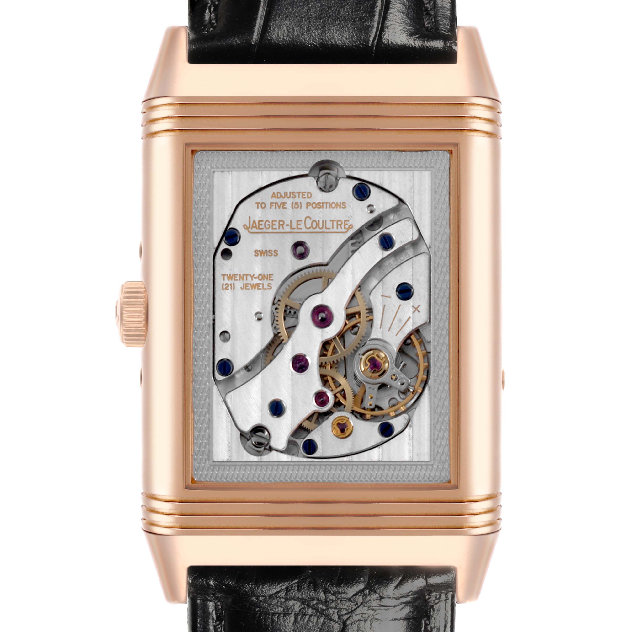 The watch is shown from the front, displaying the movement and mechanism of the Jaeger LeCoultre Reverso Q3752520 Men's Rose Gold Silver Dial Q3752520 Men's Rose Gold Silver Dial.