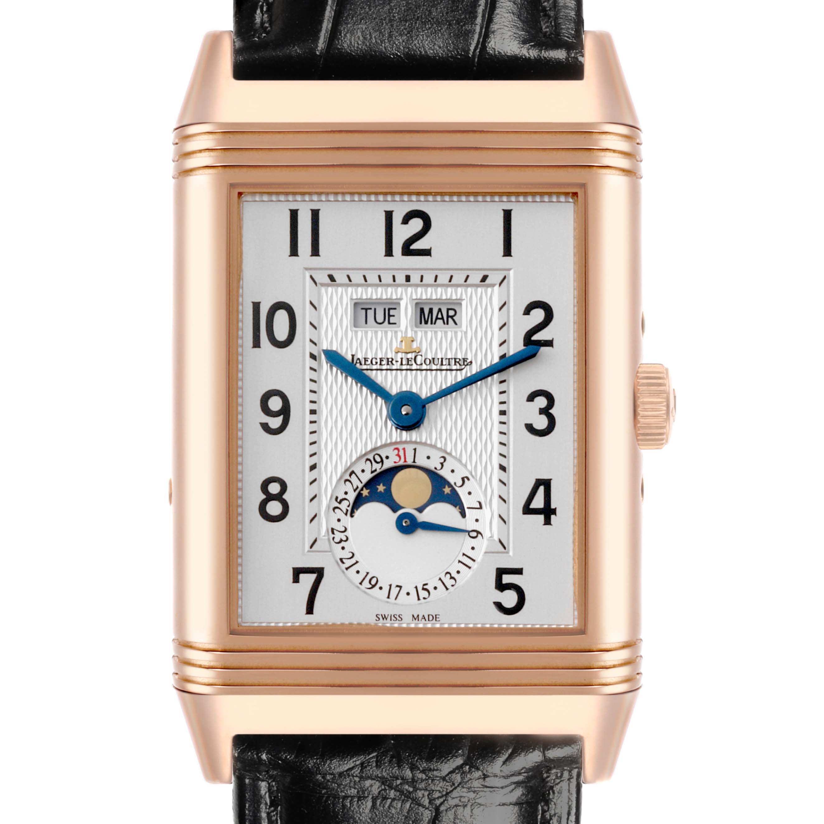 The Jaeger LeCoultre Reverso Q3752520 Men's Rose Gold Silver Dial Q3752520 Men's Rose Gold Silver Dial watch is shown from the front, highlighting the dial, numerals, crown, and strap.