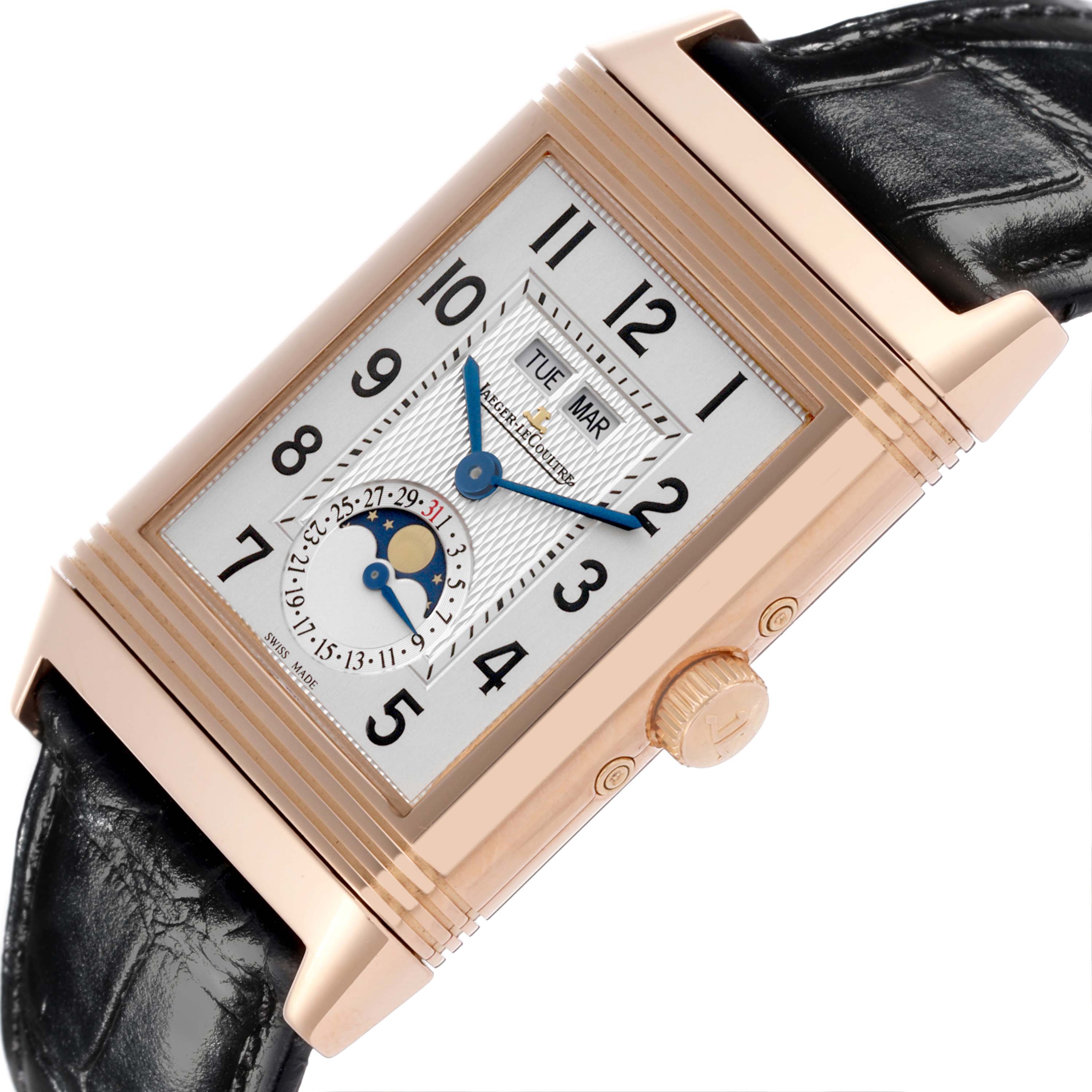 The Jaeger LeCoultre Reverso Q3752520 Men's Rose Gold Silver Dial Q3752520 Men's Rose Gold Silver Dial watch is shown from a slight angle, highlighting its dial, side profile, crown, and strap.