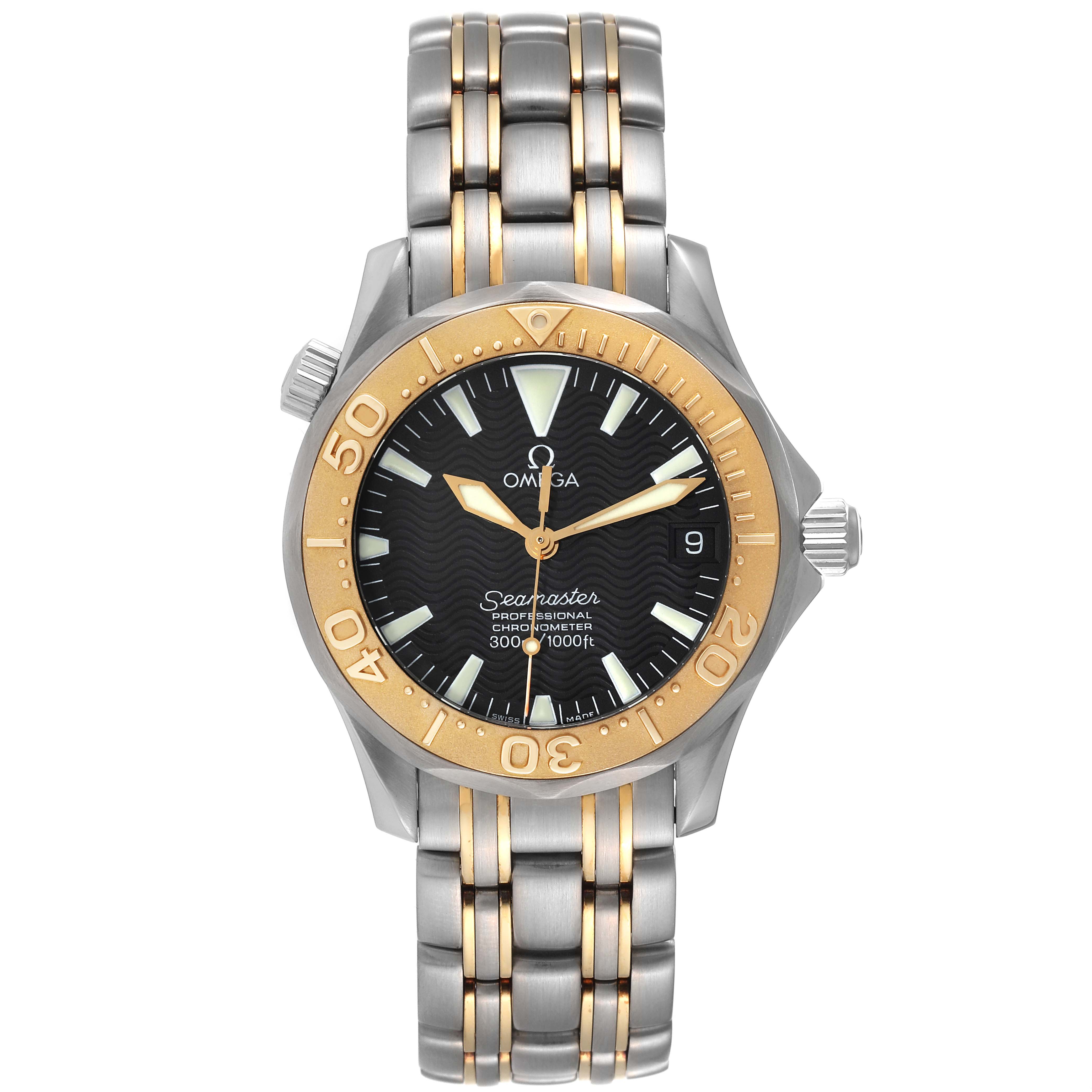 The image shows a front view of the Omega Seamaster 2453.50.00 Men's Steel and Gold (two tone) Black Dial 2453.50.00 Men's Steel and Gold (two tone) Black Dial watch, displaying its gold and silver bezel, dial, and bracelet.