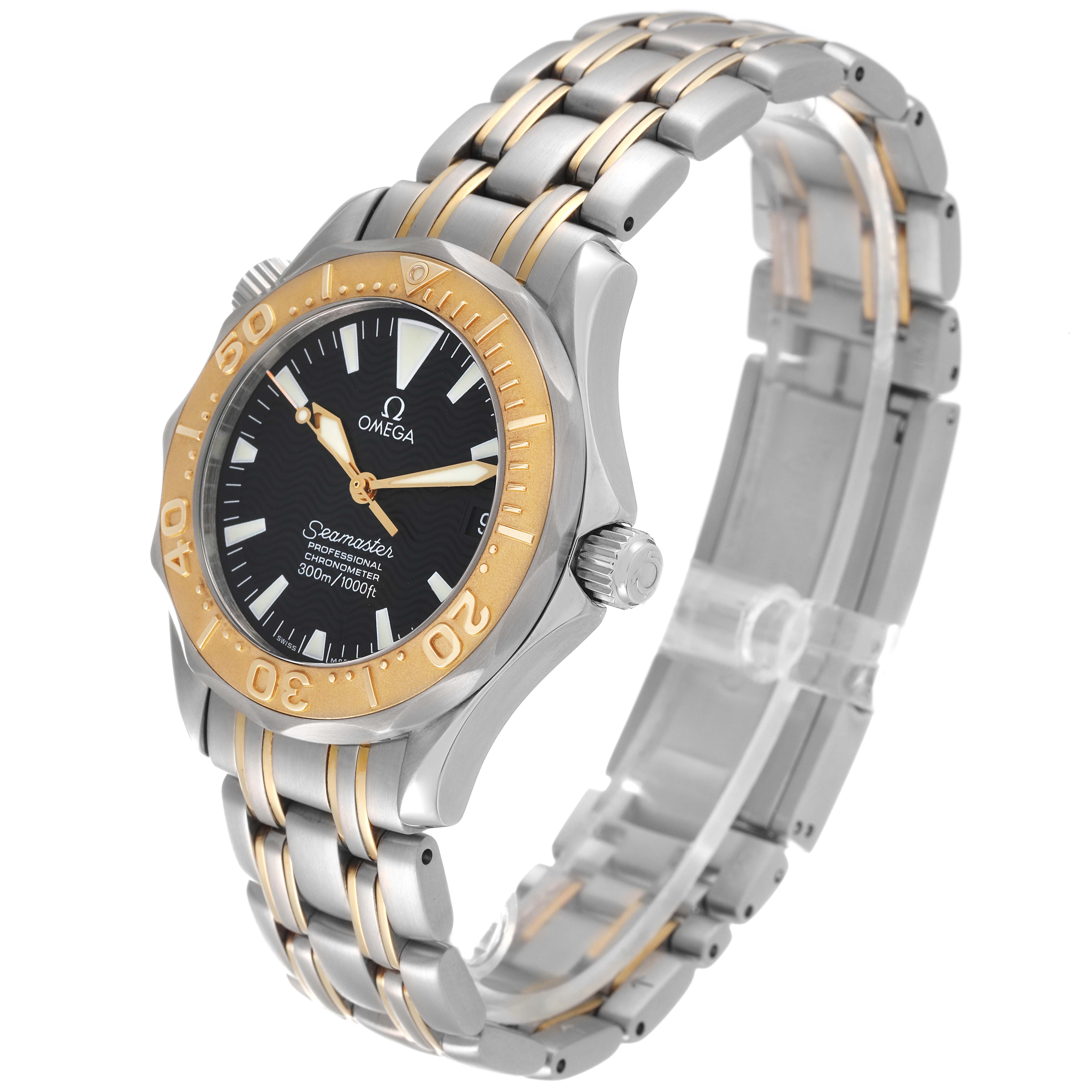The Omega Seamaster 2453.50.00 Men's Steel and Gold (two tone) Black Dial 2453.50.00 Men's Steel and Gold (two tone) Black Dial watch is shown at an angle, displaying its face, bezel, crown, and part of its bracelet.