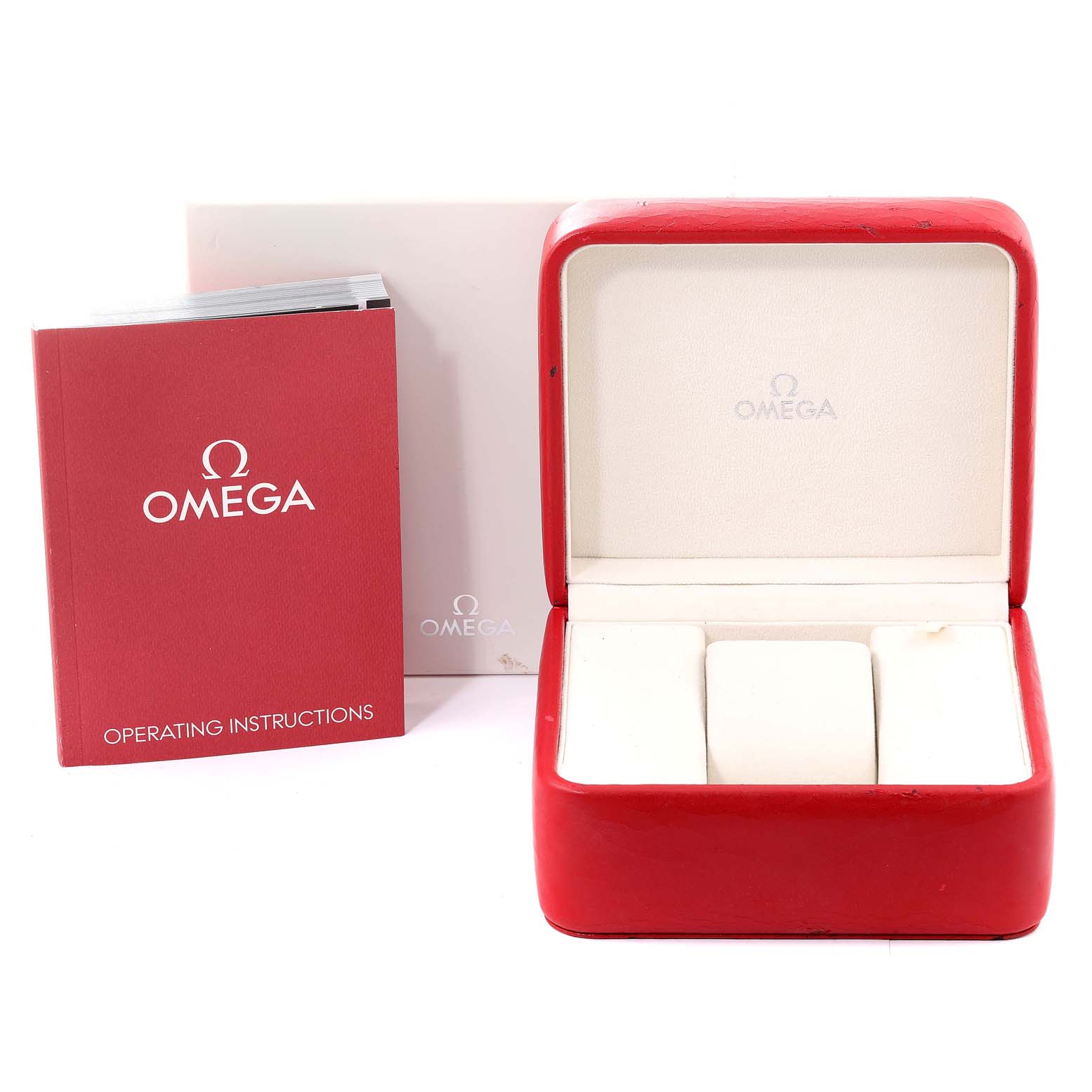 The image shows an Omega Seamaster 2453.50.00 Men's Steel and Gold (two tone) Black Dial 2453.50.00 Men's Steel and Gold (two tone) Black Dial watch box, operating instructions booklet, and outer packaging.