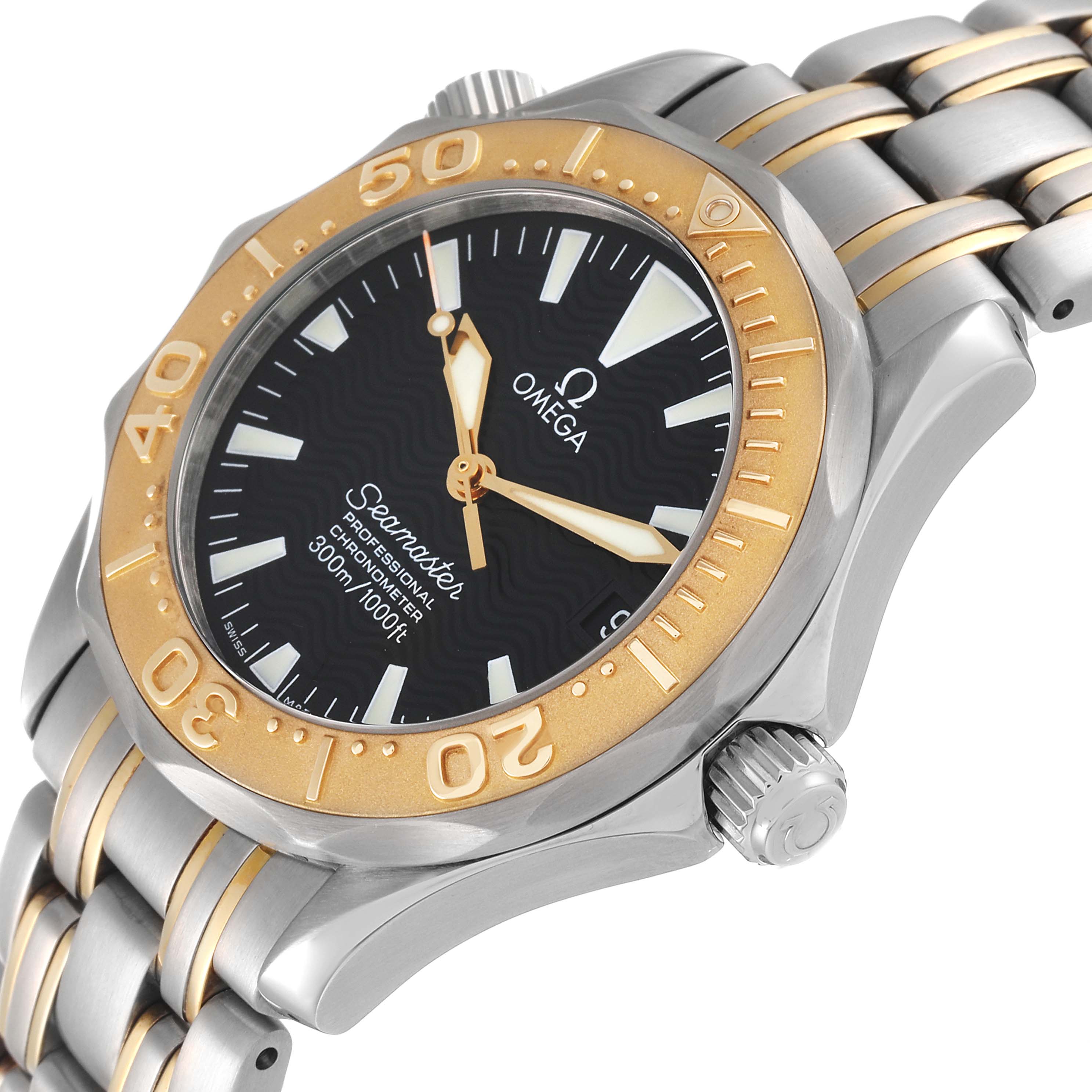 The image shows an angled view of the Omega Seamaster 2453.50.00 Men's Steel and Gold (two tone) Black Dial 2453.50.00 Men's Steel and Gold (two tone) Black Dial watch, highlighting its bezel, dial, crown, and bracelet.