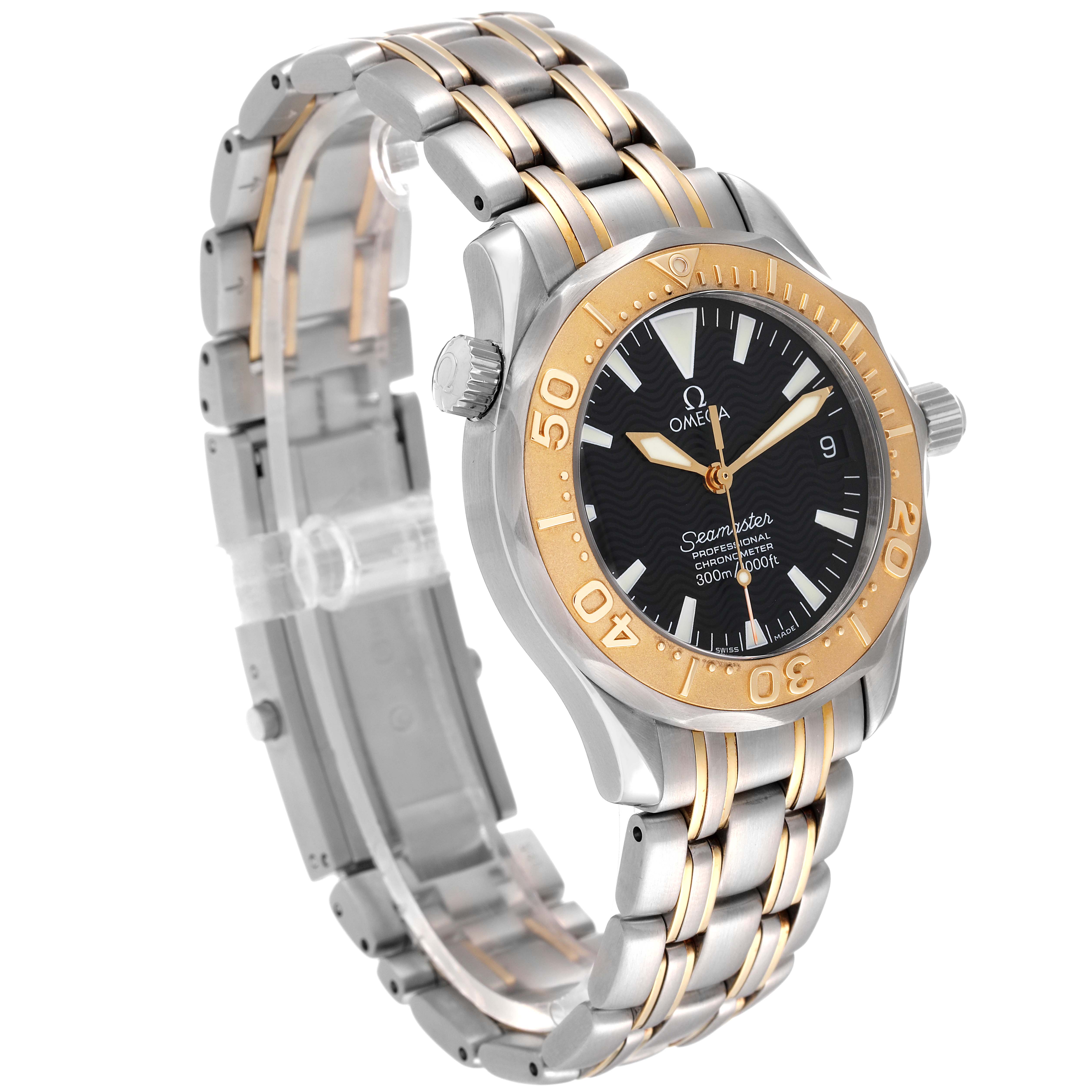 The image shows an Omega Seamaster 2453.50.00 Men's Steel and Gold (two tone) Black Dial 2453.50.00 Men's Steel and Gold (two tone) Black Dial watch at a three-quarter angle, highlighting its bezel, dial, and two-tone metal bracelet.