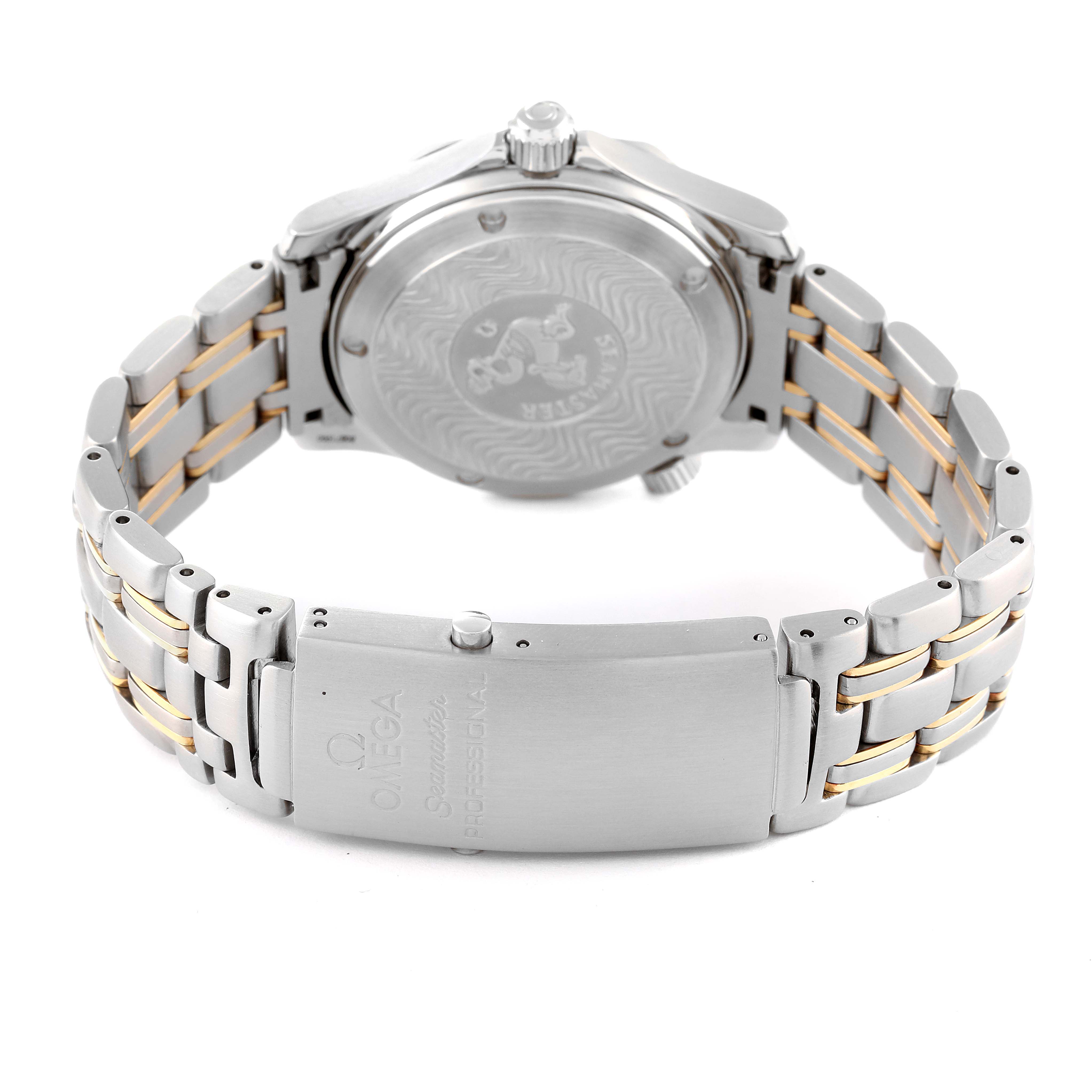 The image shows the back case, bracelet, and clasp of an Omega Seamaster 2453.50.00 Men's Steel and Gold (two tone) Black Dial 2453.50.00 Men's Steel and Gold (two tone) Black Dial watch from a rear angle.