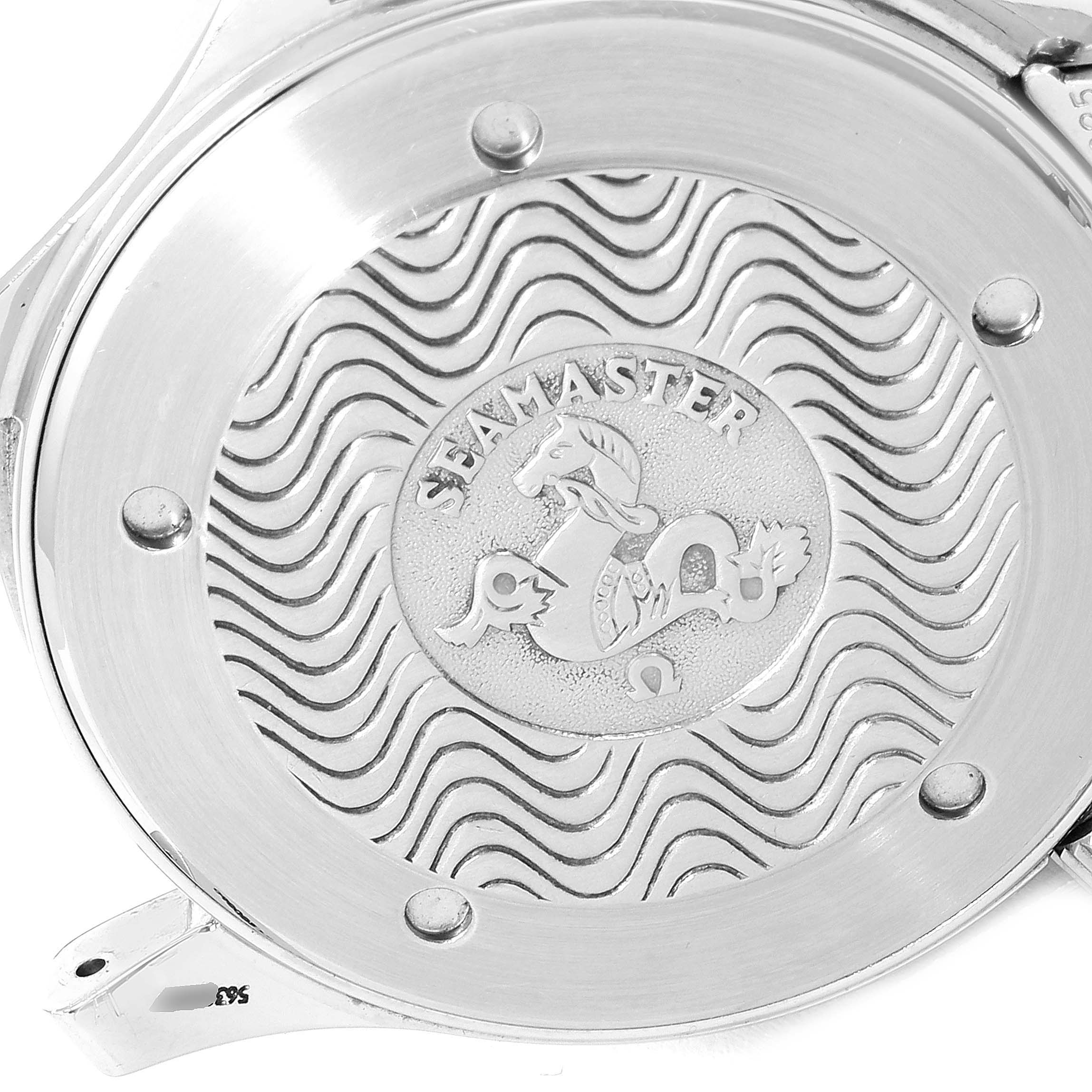 The image shows the engraved case back of an Omega Seamaster 2541.80.00 Men
s Stainless Steel Blue Dial 2541.80.00 Men
s Stainless Steel Blue Dial watch, viewed from the back.