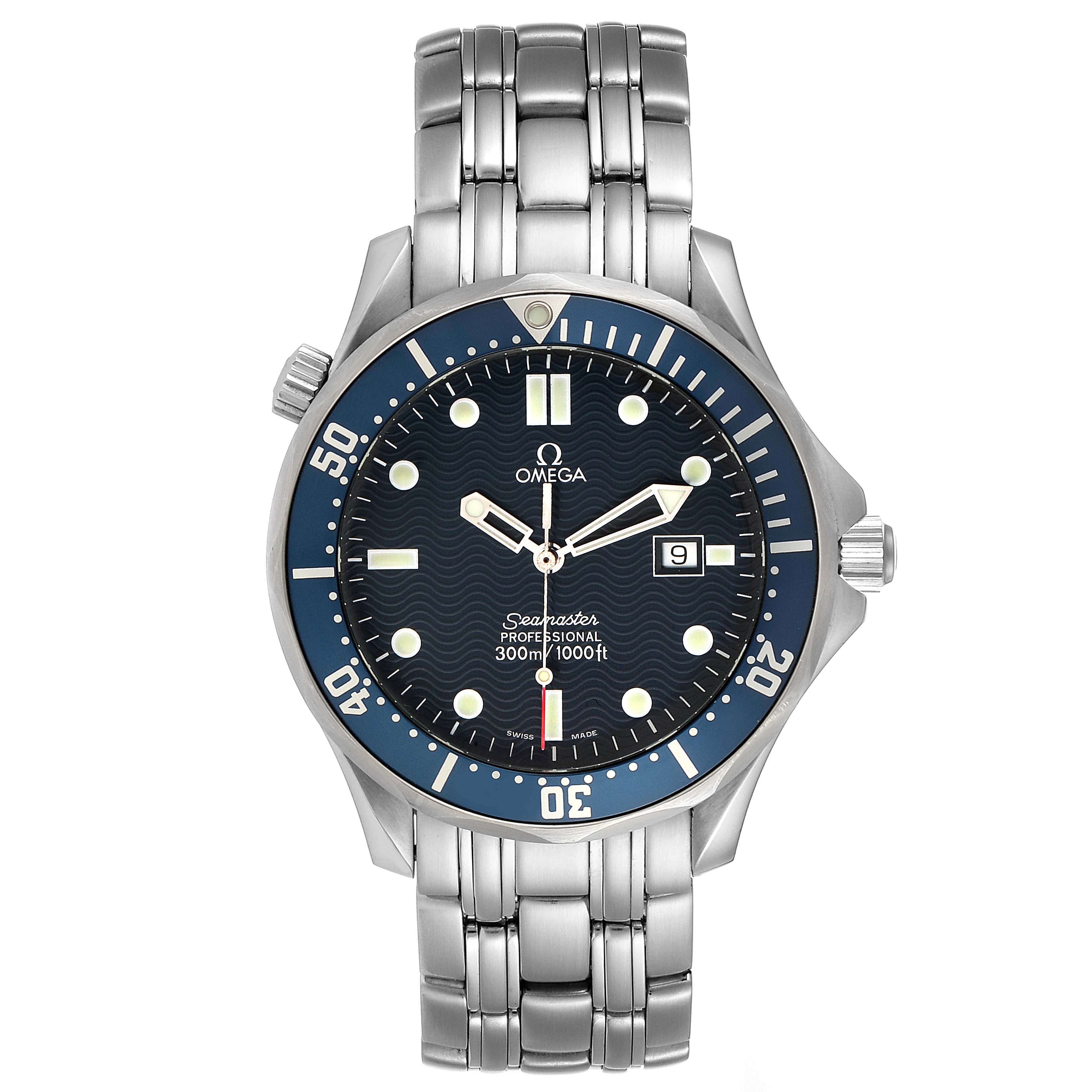 The image shows a front view of the Omega Seamaster 2541.80.00 Men
s Stainless Steel Blue Dial 2541.80.00 Men
s Stainless Steel Blue Dial watch, displaying its dial, bezel, and metal bracelet.