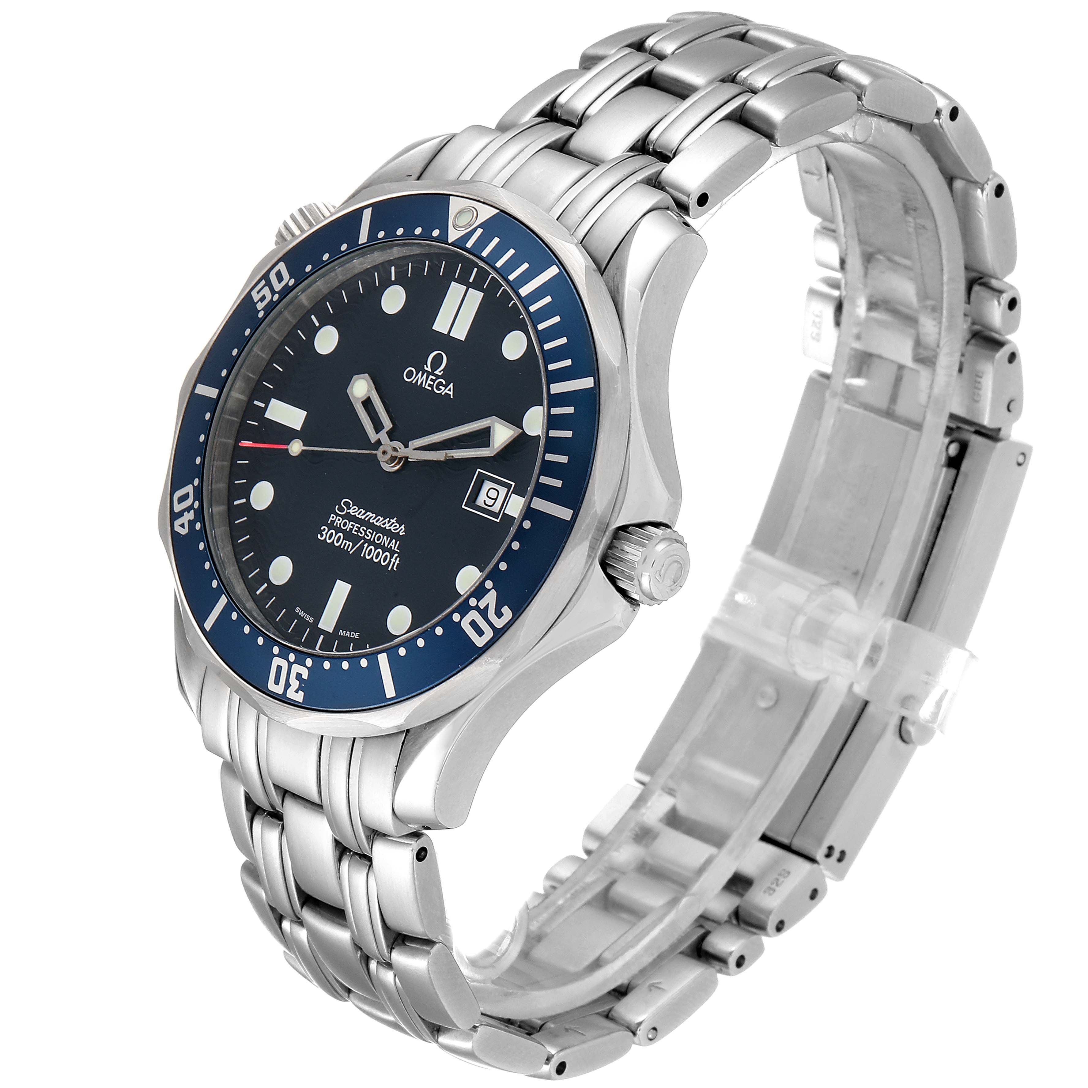 This Omega Seamaster 2541.80.00 Men
s Stainless Steel Blue Dial 2541.80.00 Men
s Stainless Steel Blue Dial watch is shown at a three-quarter angle, highlighting the face, bezel, crown, and bracelet.