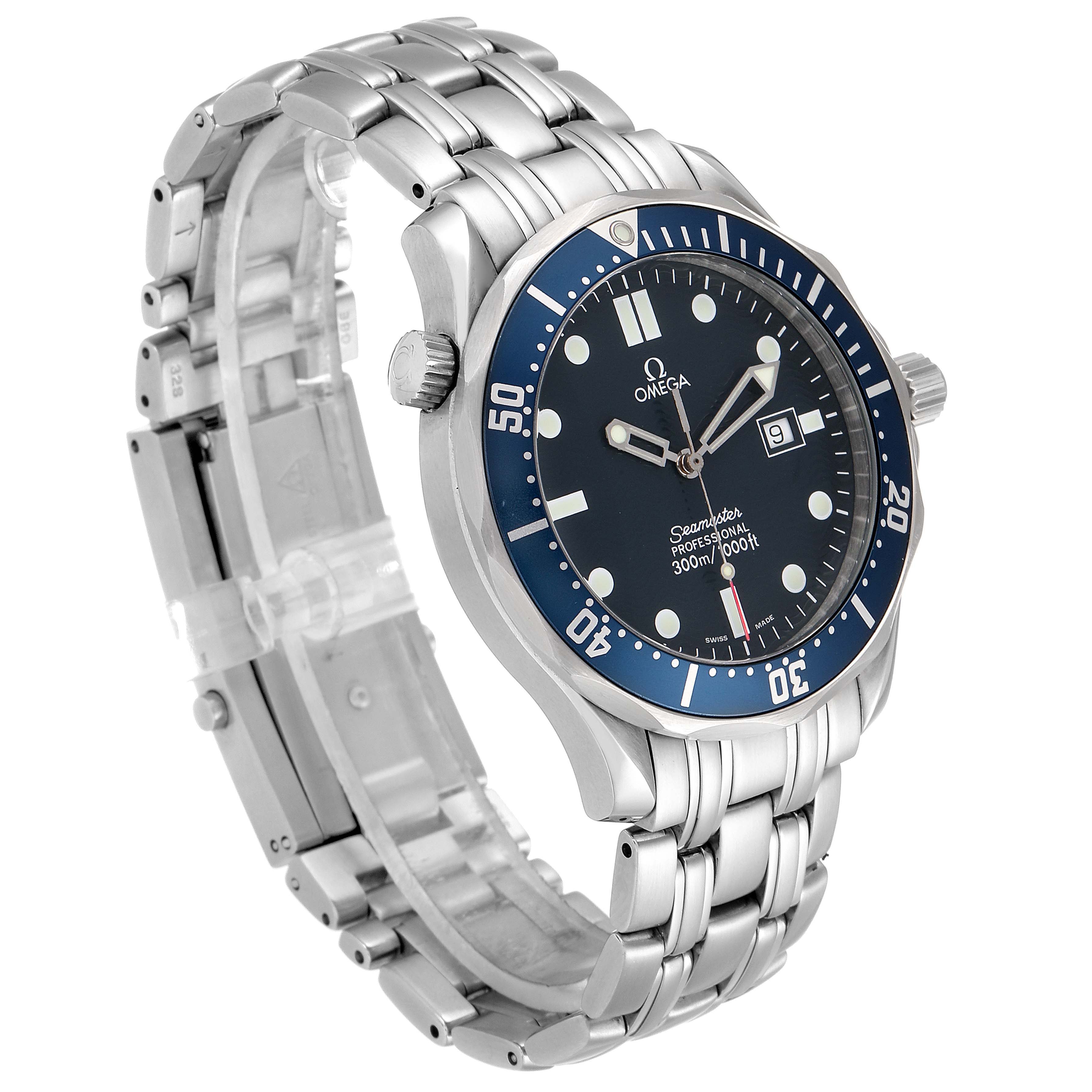 The image shows an Omega Seamaster 2541.80.00 Men
s Stainless Steel Blue Dial 2541.80.00 Men
s Stainless Steel Blue Dial watch from an angled view, highlighting the dial, bezel, crown, and metal bracelet.
