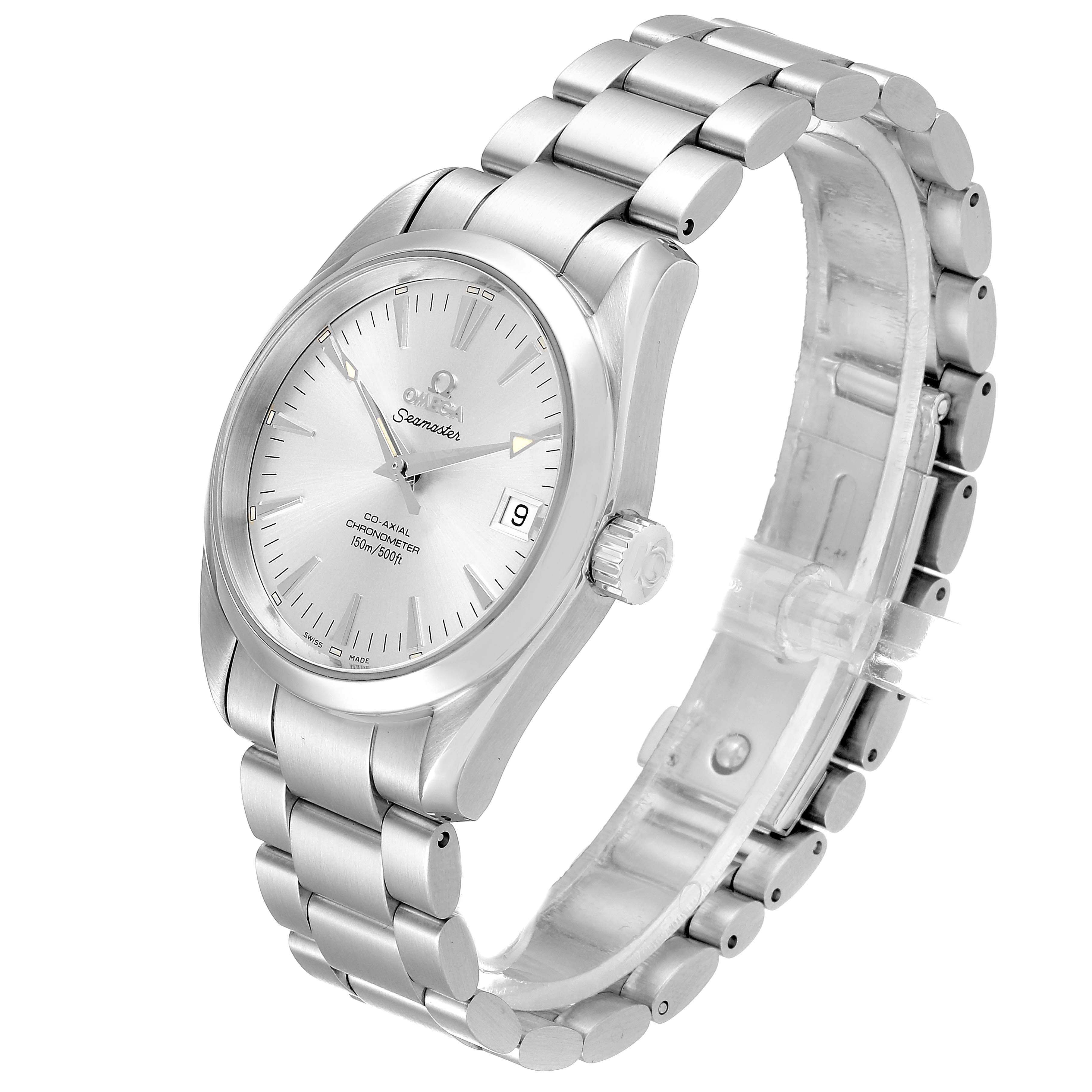 The Omega Aqua Terra 2504.30.00 Men
s Stainless Steel Silver Dial 2504.30.00 Men
s Stainless Steel Silver Dial watch is shown at an angle, highlighting its face, casing, and metal bracelet.